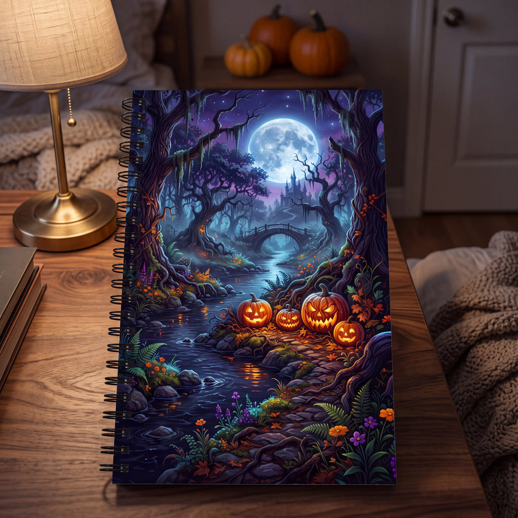 Halloween Forest Spiral Notebook – Jack-O’-Lantern Moonlit Dot Grid Journal