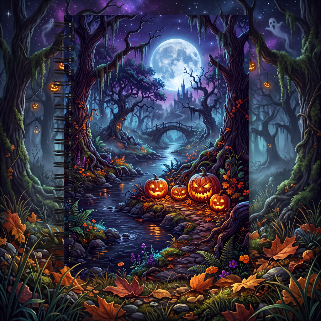 Halloween Forest Spiral Notebook – Jack-O’-Lantern Moonlit Dot Grid Journal