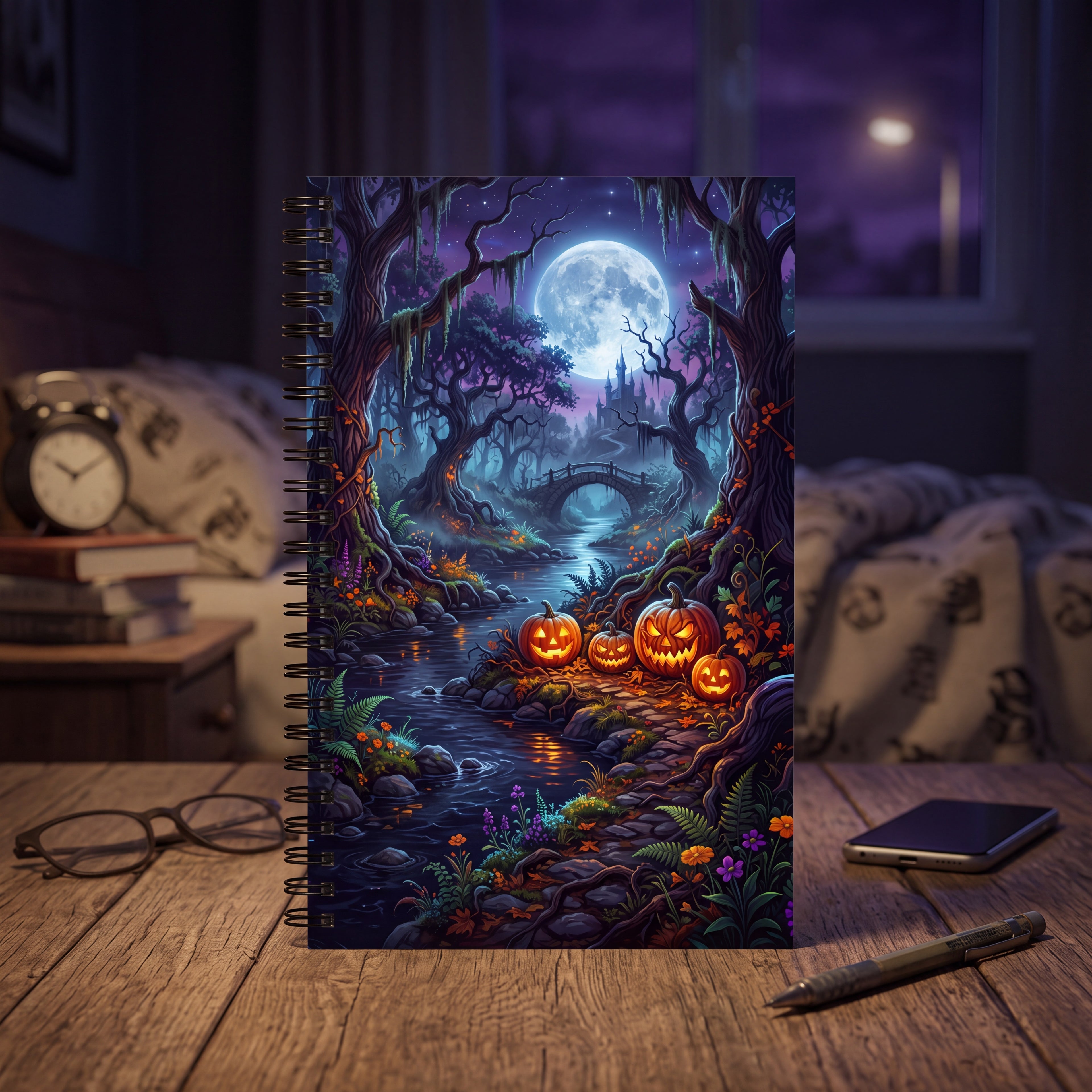 Halloween Forest Spiral Notebook – Jack-O’-Lantern Moonlit Dot Grid Journal