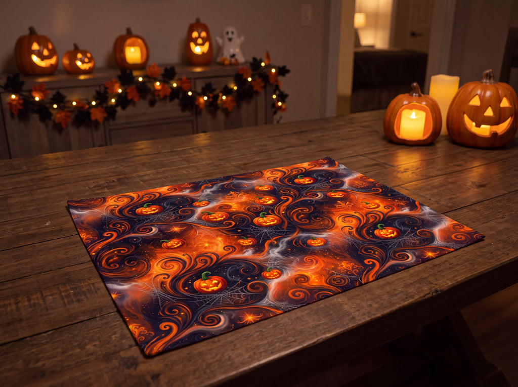Halloween Placemats Set of 4 – Orange & Black Jack-O’-Lantern Table Decor