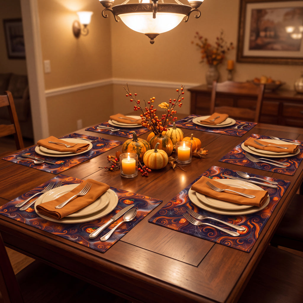 Halloween Placemats Set of 4 – Orange & Black Jack-O’-Lantern Table Decor