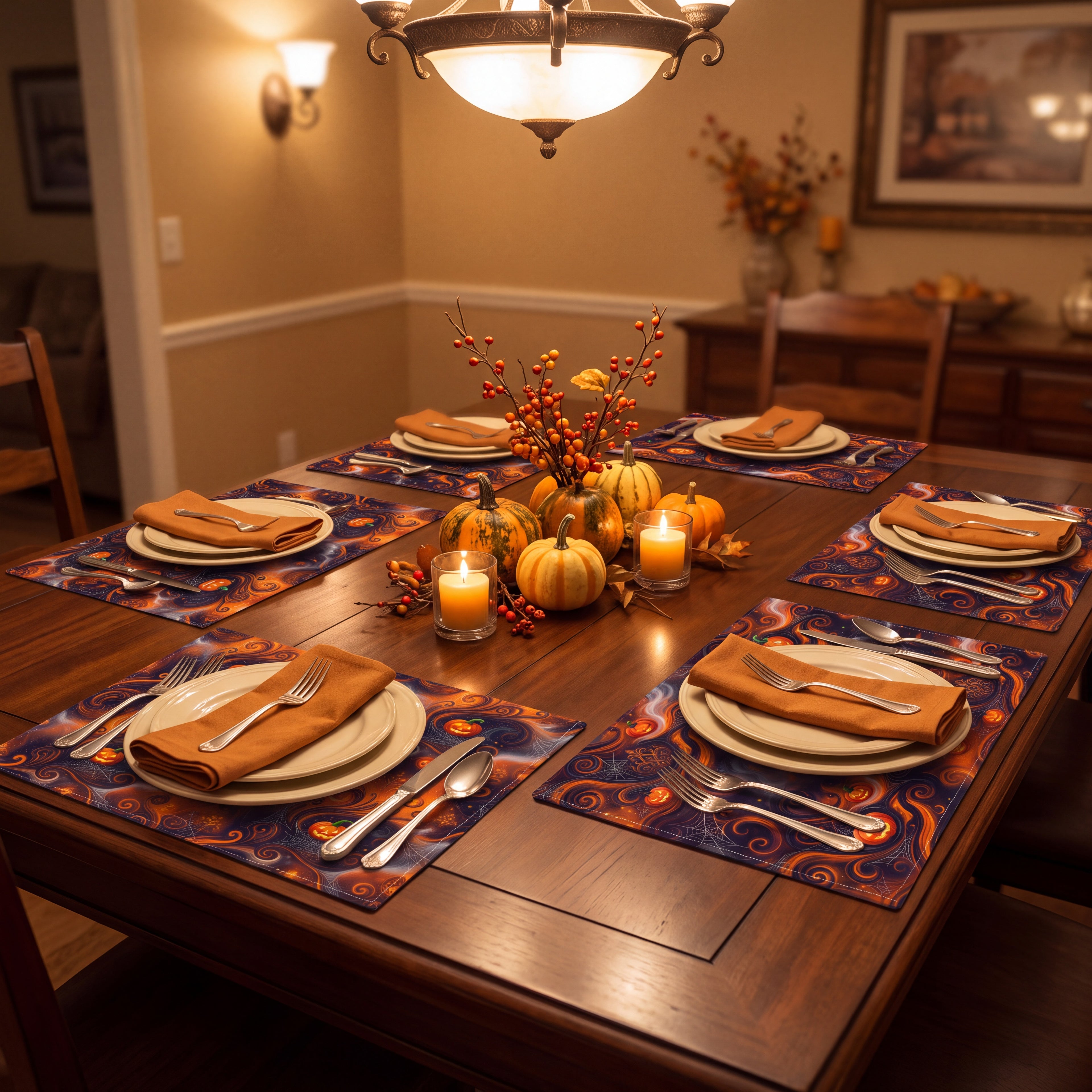 Halloween Placemats Set of 4 – Orange & Black Jack-O’-Lantern Table Decor