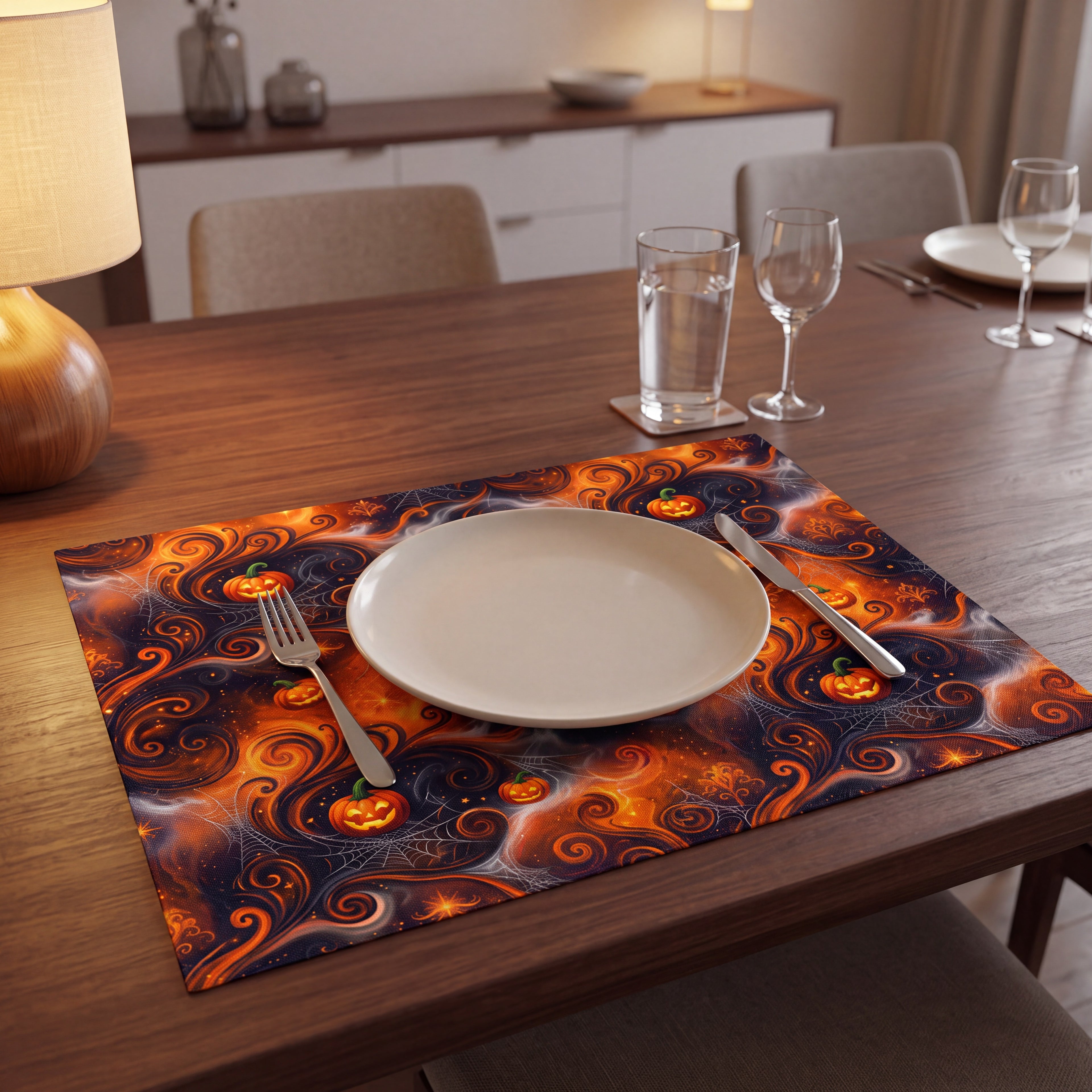 Halloween Placemats Set of 4 – Orange & Black Jack-O’-Lantern Table Decor