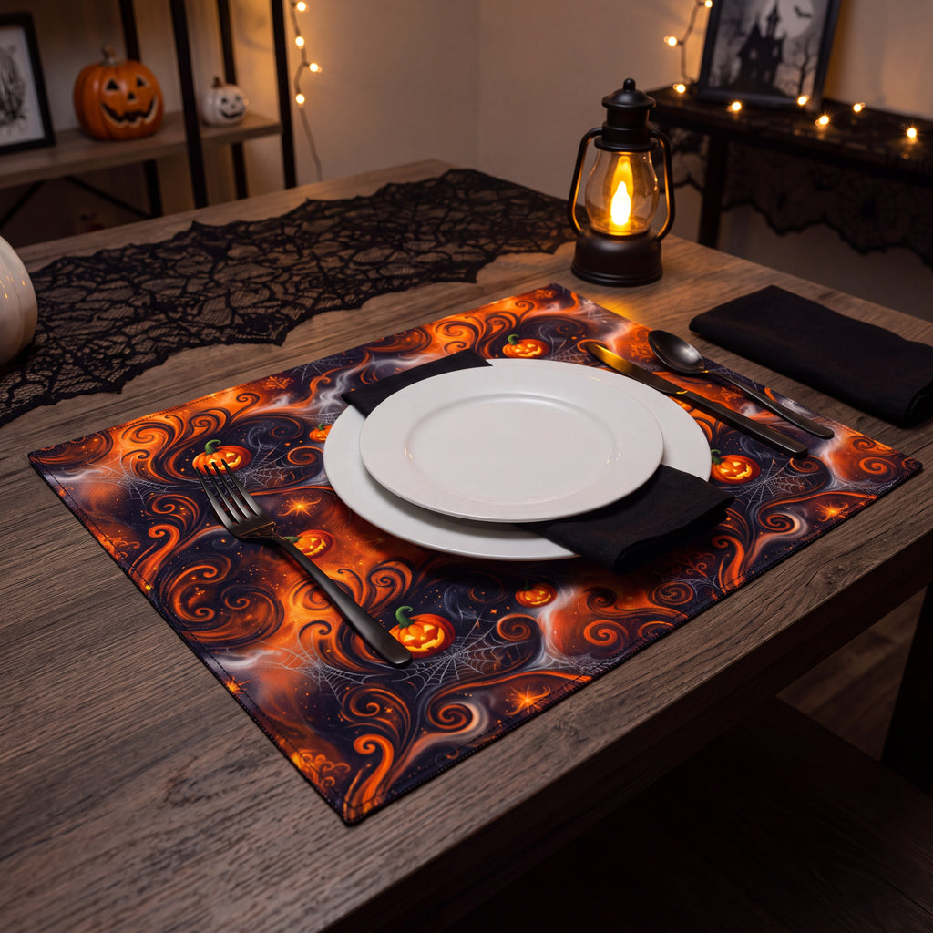 Halloween Placemats Set of 4 – Orange & Black Jack-O’-Lantern Table Decor