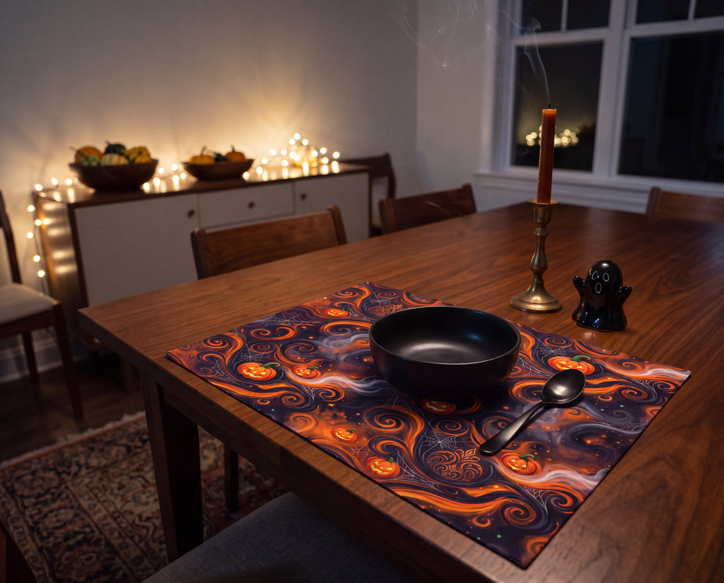 Halloween Placemats Set of 4 – Orange & Black Jack-O’-Lantern Table Decor