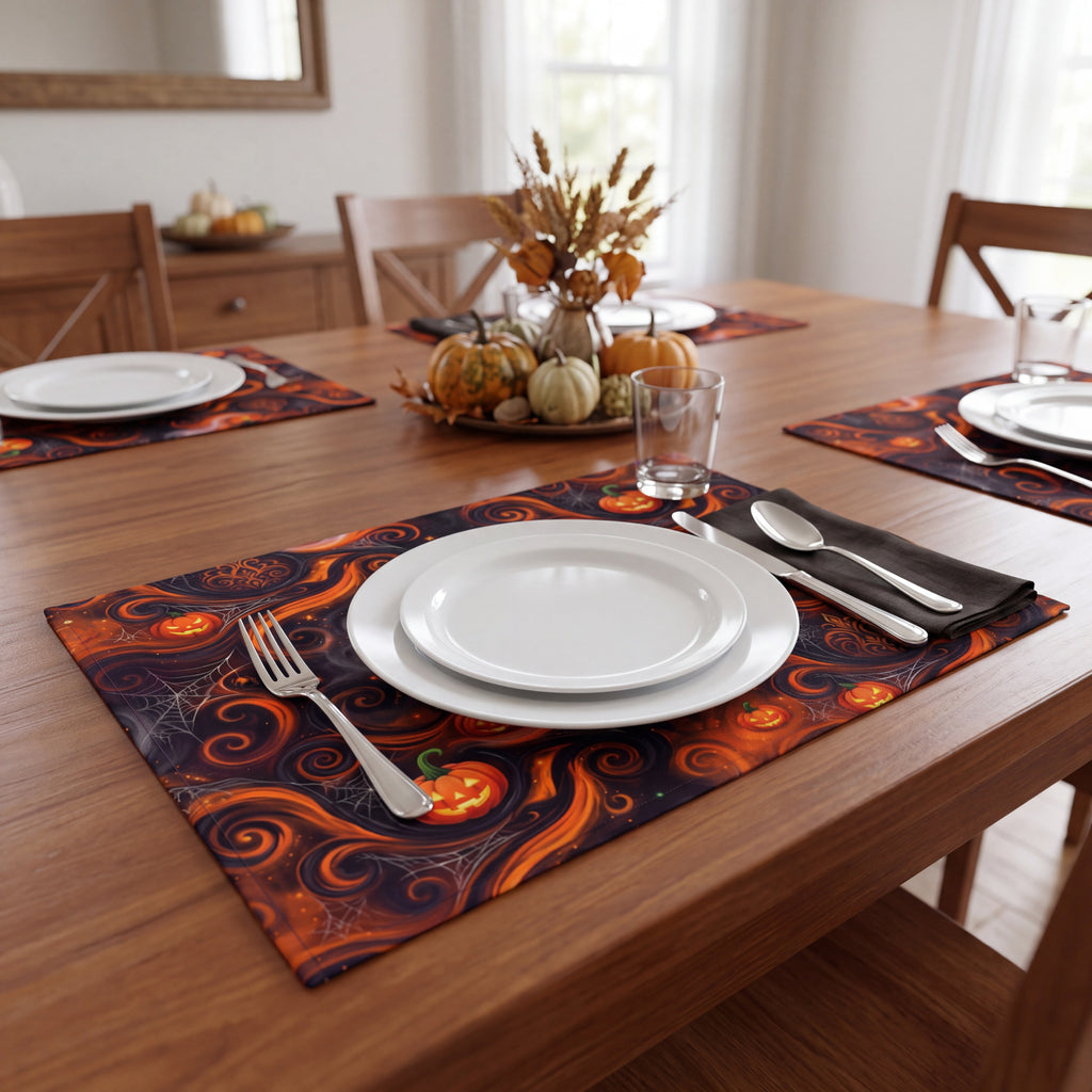 Halloween Placemats Set of 4 – Orange & Black Jack-O’-Lantern Table Decor