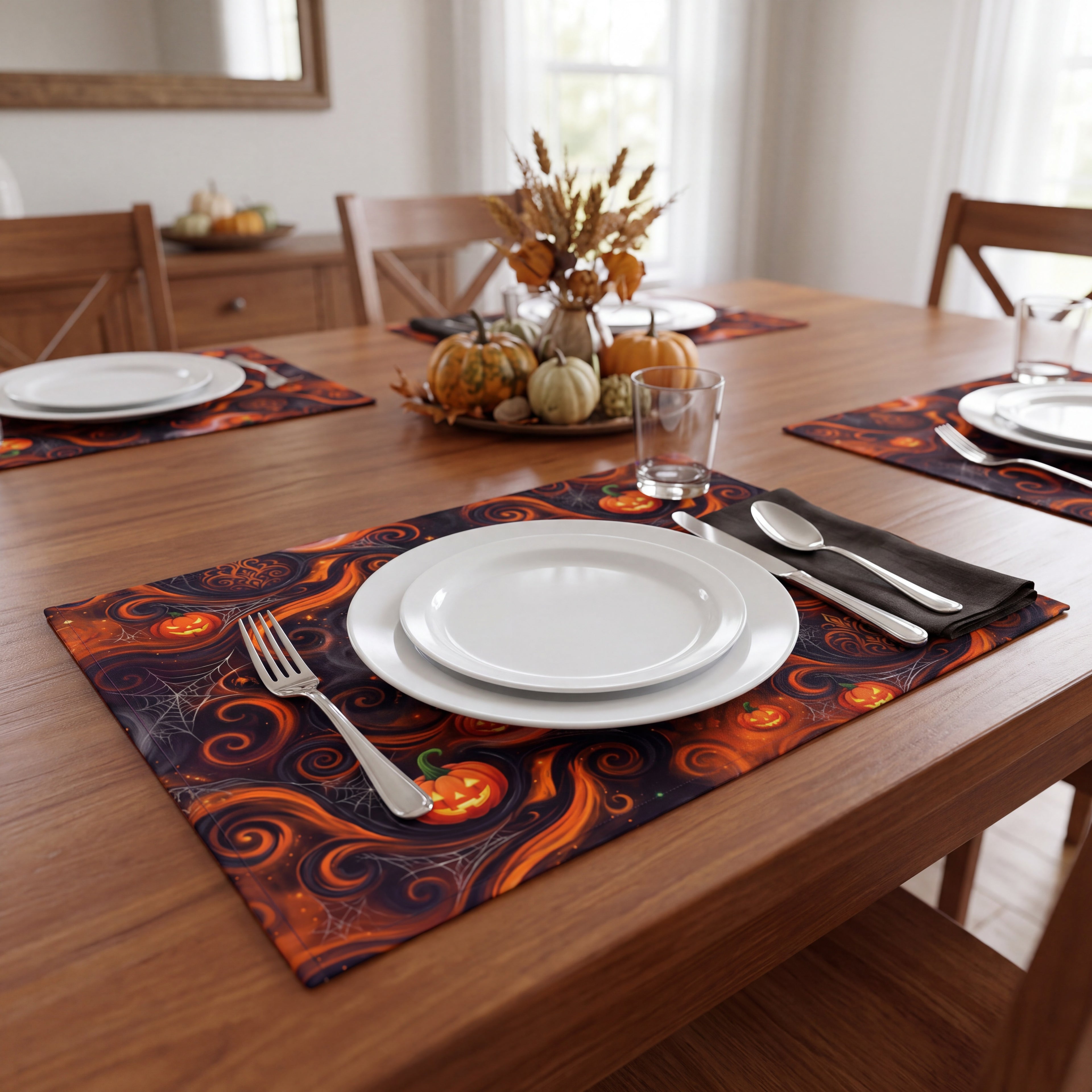 Halloween Placemats Set of 4 – Orange & Black Jack-O’-Lantern Table Decor