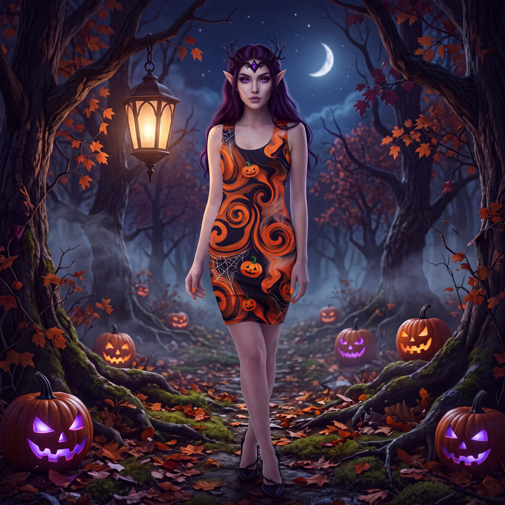 Halloween Pumpkin Bodycon Dress – Orange & Black Spooky Swirl Fitted Dress