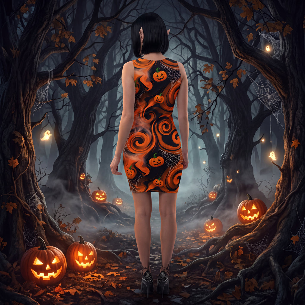 Halloween Pumpkin Bodycon Dress – Orange & Black Spooky Swirl Fitted Dress
