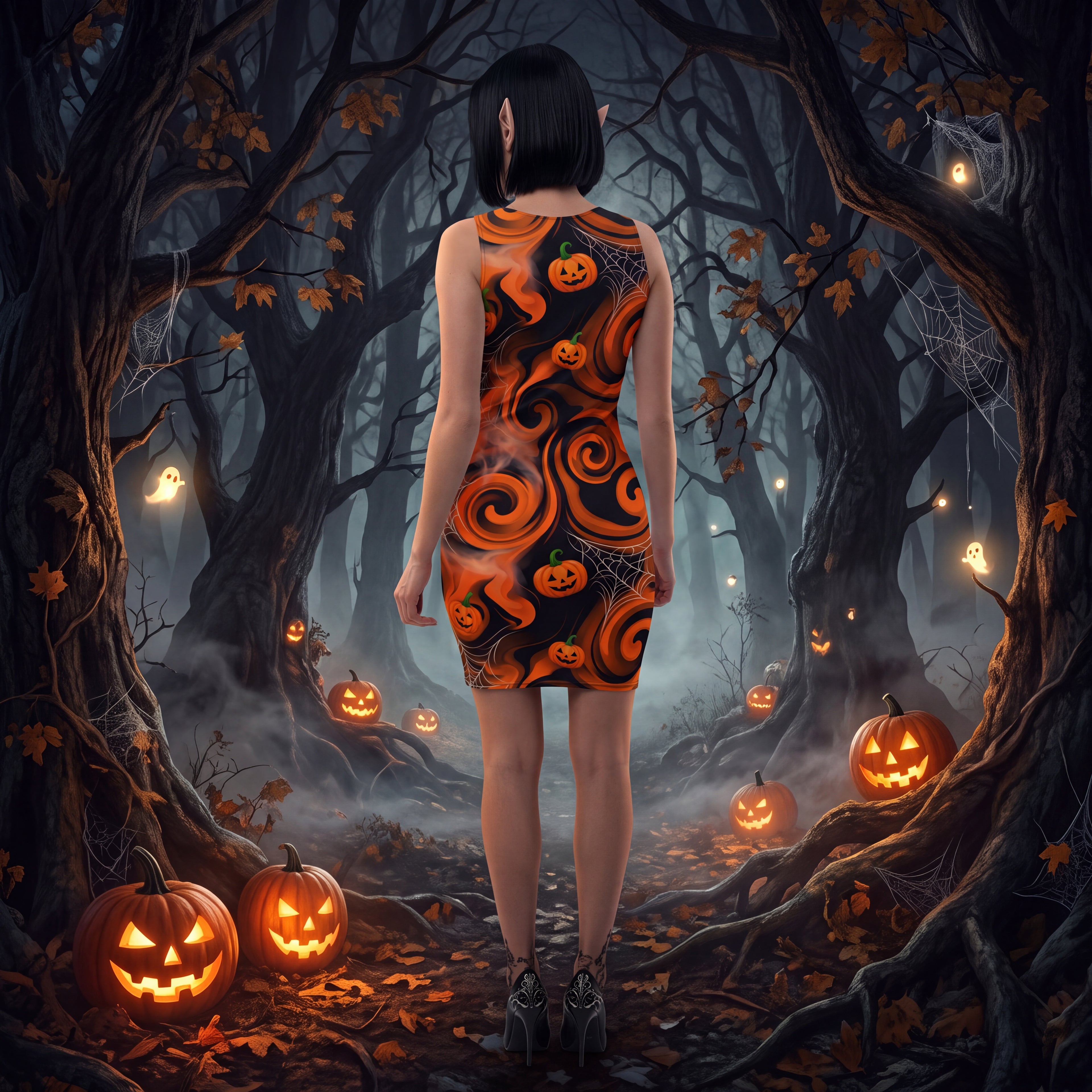 Halloween Pumpkin Bodycon Dress – Orange & Black Spooky Swirl Fitted Dress