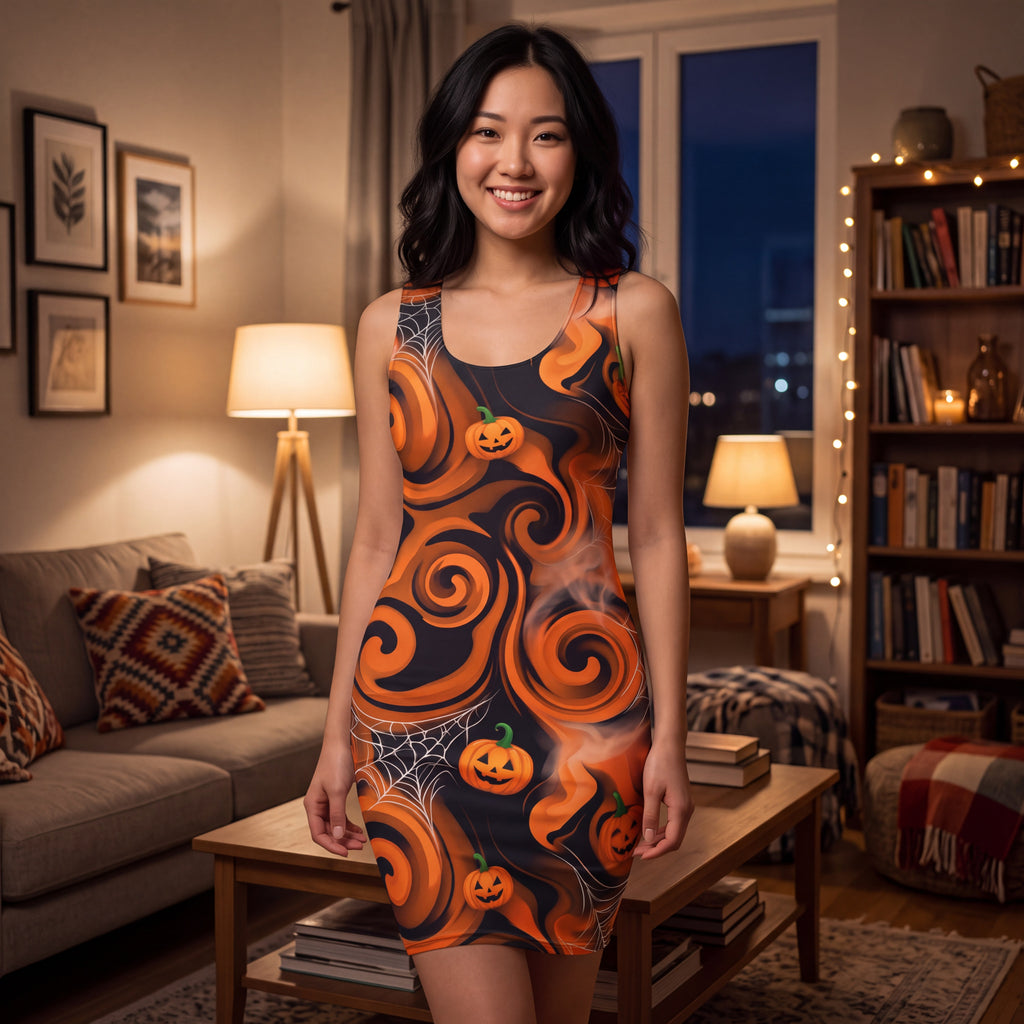 Halloween Pumpkin Bodycon Dress – Orange & Black Spooky Swirl Fitted Dress