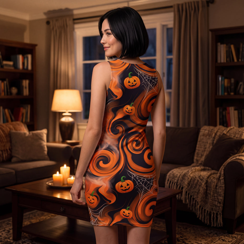 Halloween Pumpkin Bodycon Dress – Orange & Black Spooky Swirl Fitted Dress