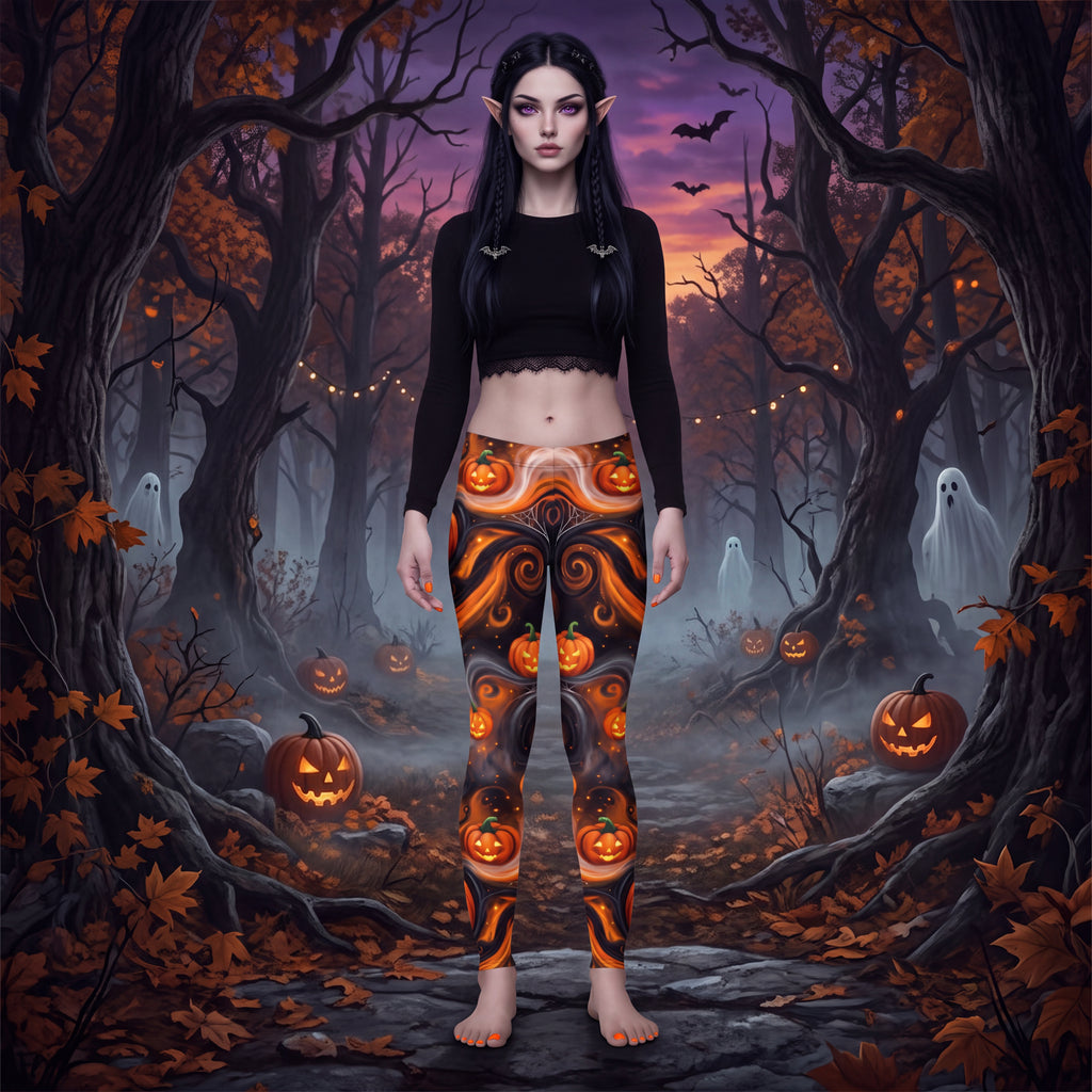 Halloween Pumpkin Leggings – Orange & Black Jack-O’-Lantern Spooky Pants