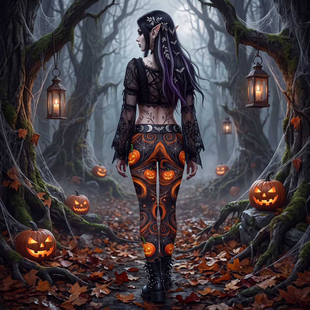 Halloween Pumpkin Leggings – Orange & Black Jack-O’-Lantern Spooky Pants