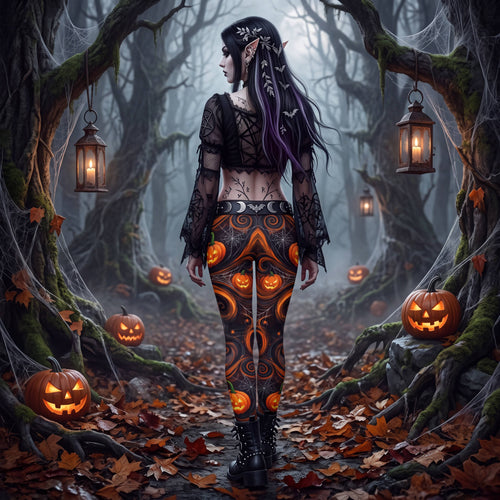 CUT-SEW Halloween Pumpkin Leggings – Orange & Black Jack-O’-Lantern Spooky Pants