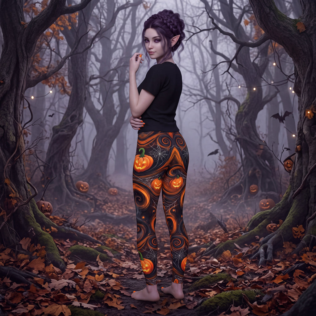Halloween Pumpkin Leggings – Orange & Black Jack-O’-Lantern Spooky Pants