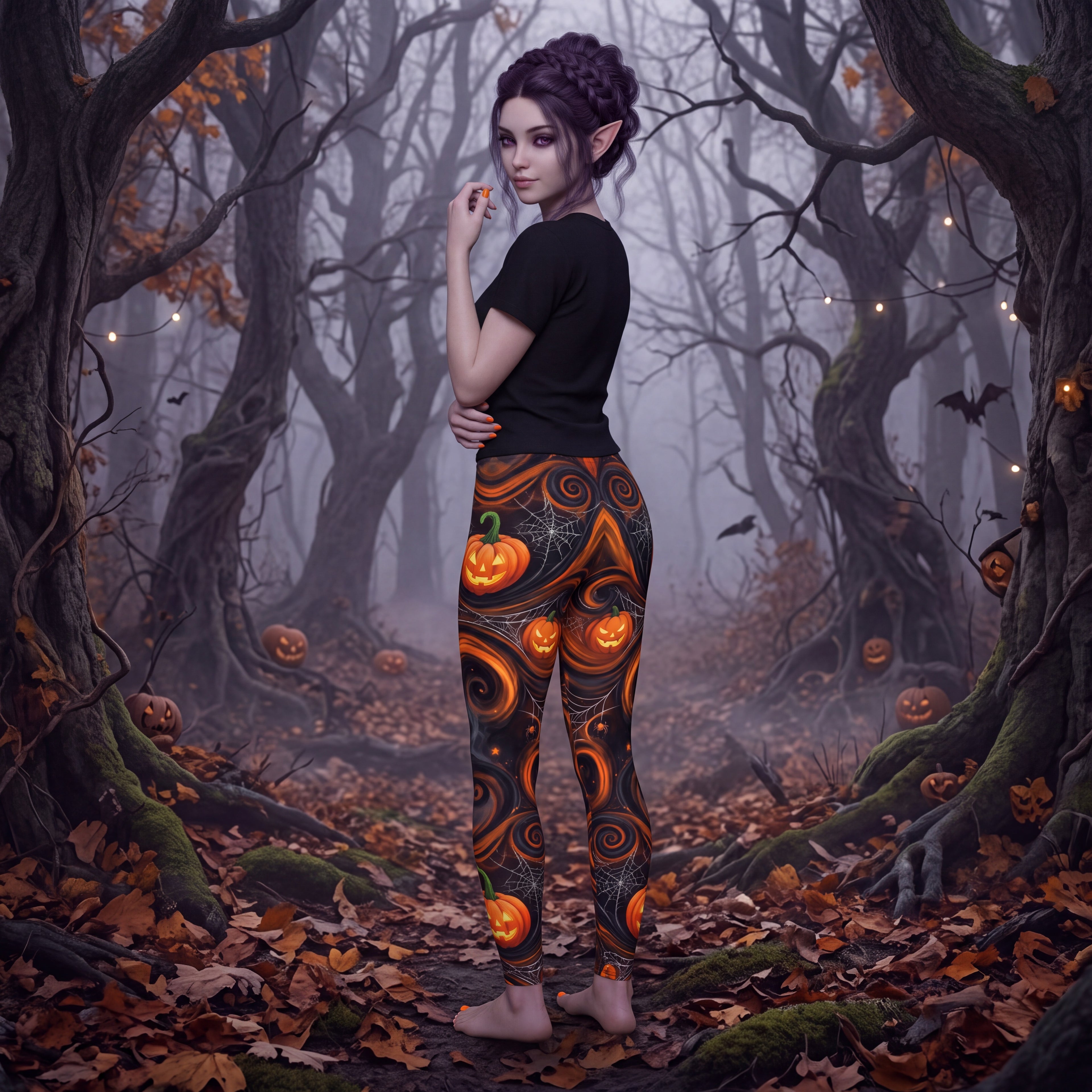 Halloween Pumpkin Leggings – Orange & Black Jack-O’-Lantern Spooky Pants