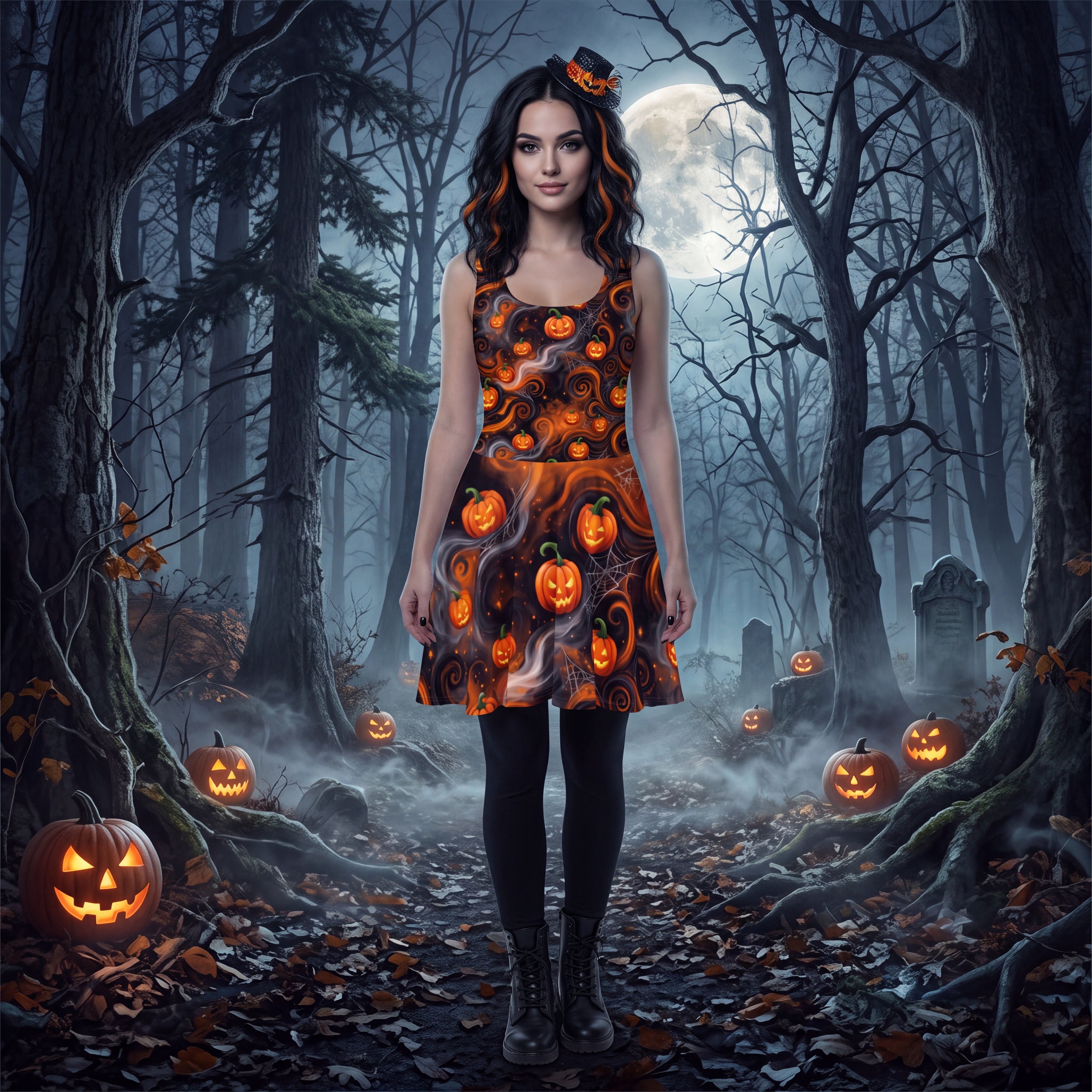 Halloween Pumpkin Skater Dress – Orange & Black Jack-O’-Lantern Print
