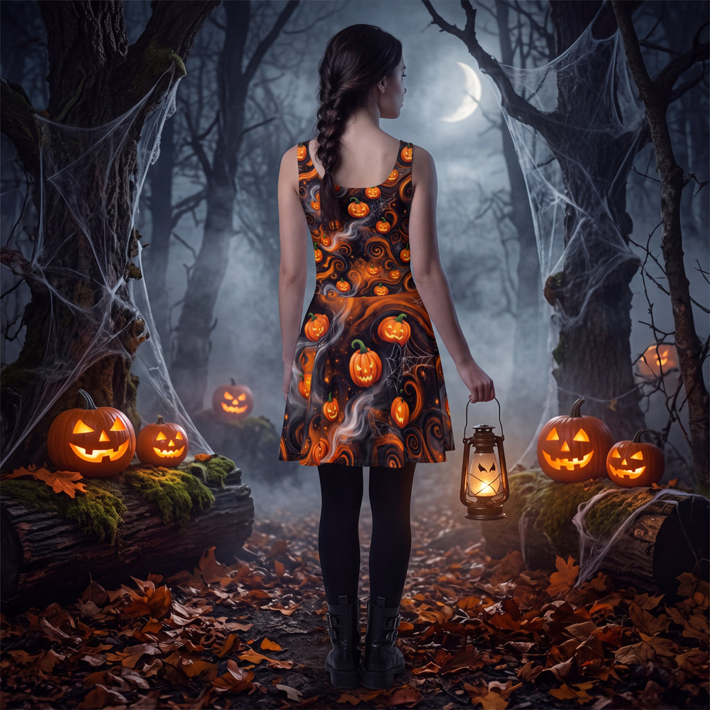 Halloween Pumpkin Skater Dress – Orange & Black Jack-O’-Lantern Print
