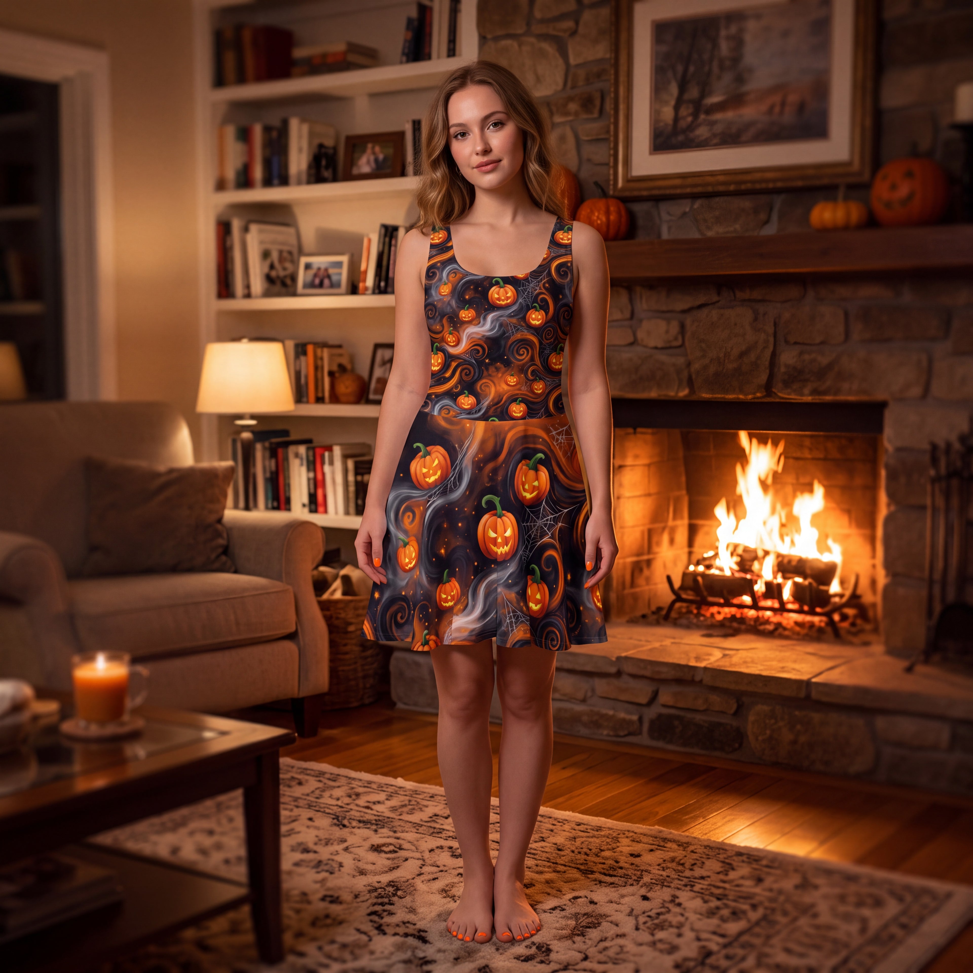 Halloween Pumpkin Skater Dress – Orange & Black Jack-O’-Lantern Print