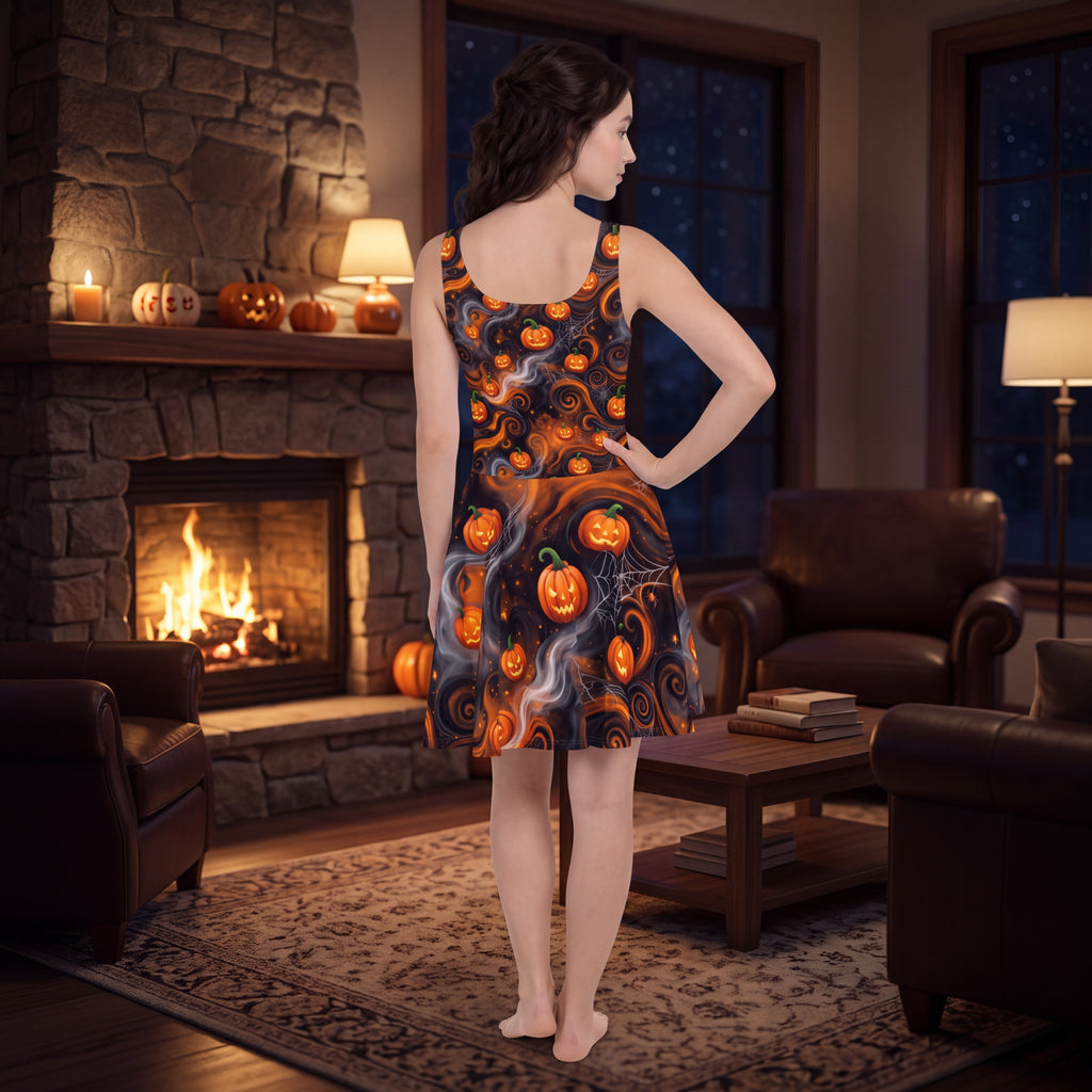 Halloween Pumpkin Skater Dress – Orange & Black Jack-O’-Lantern Print