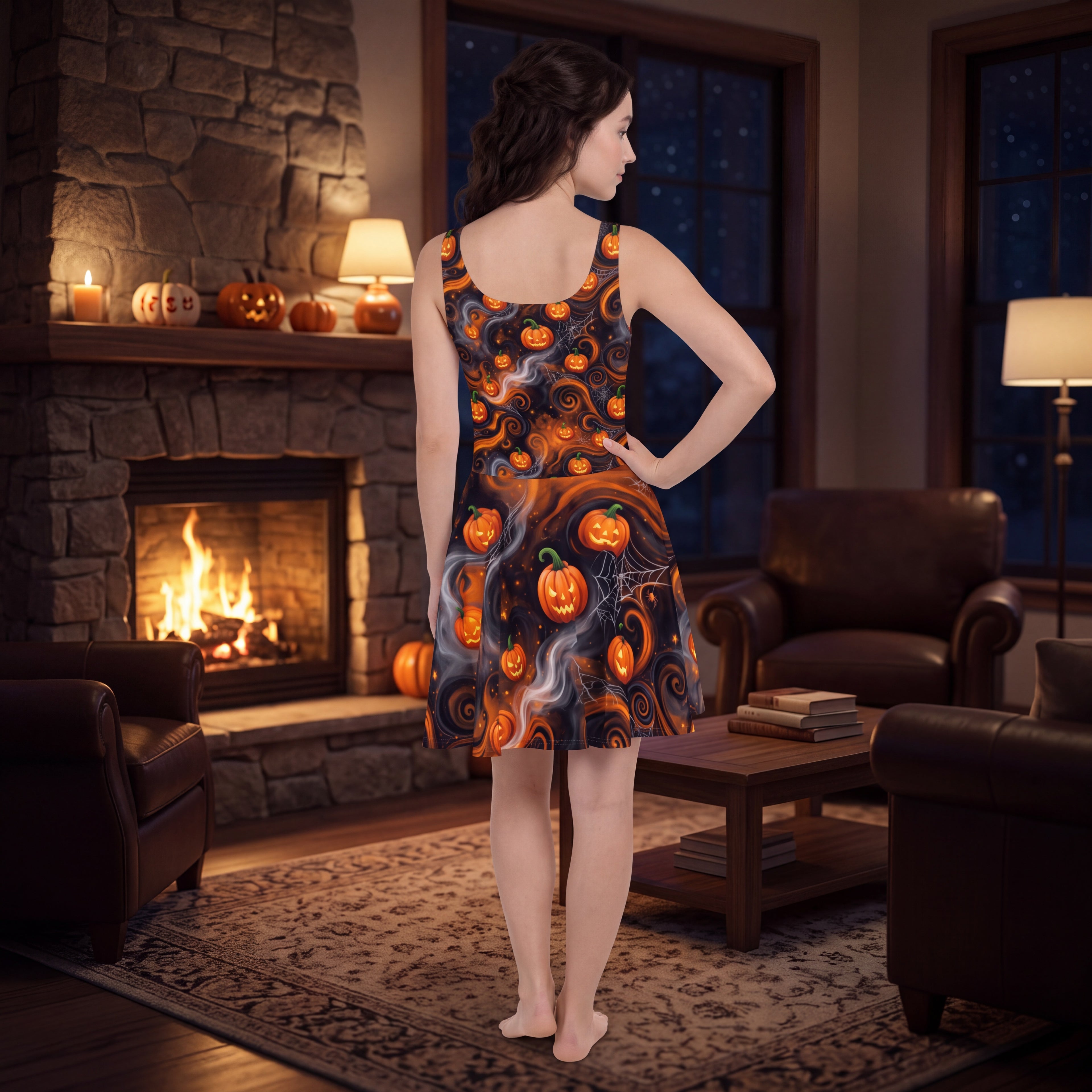 Halloween Pumpkin Skater Dress – Orange & Black Jack-O’-Lantern Print
