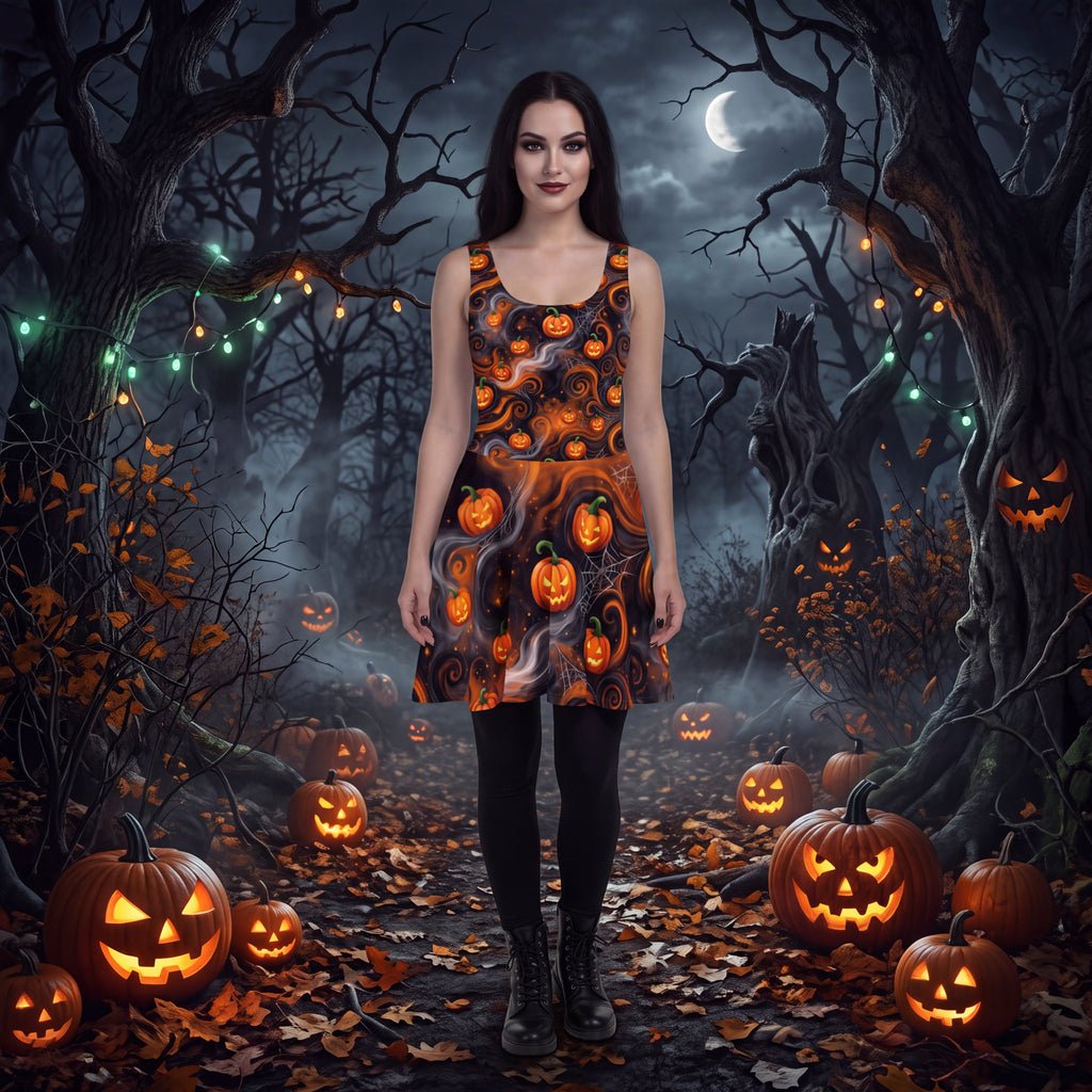Halloween Pumpkin Skater Dress – Orange & Black Jack-O’-Lantern Print