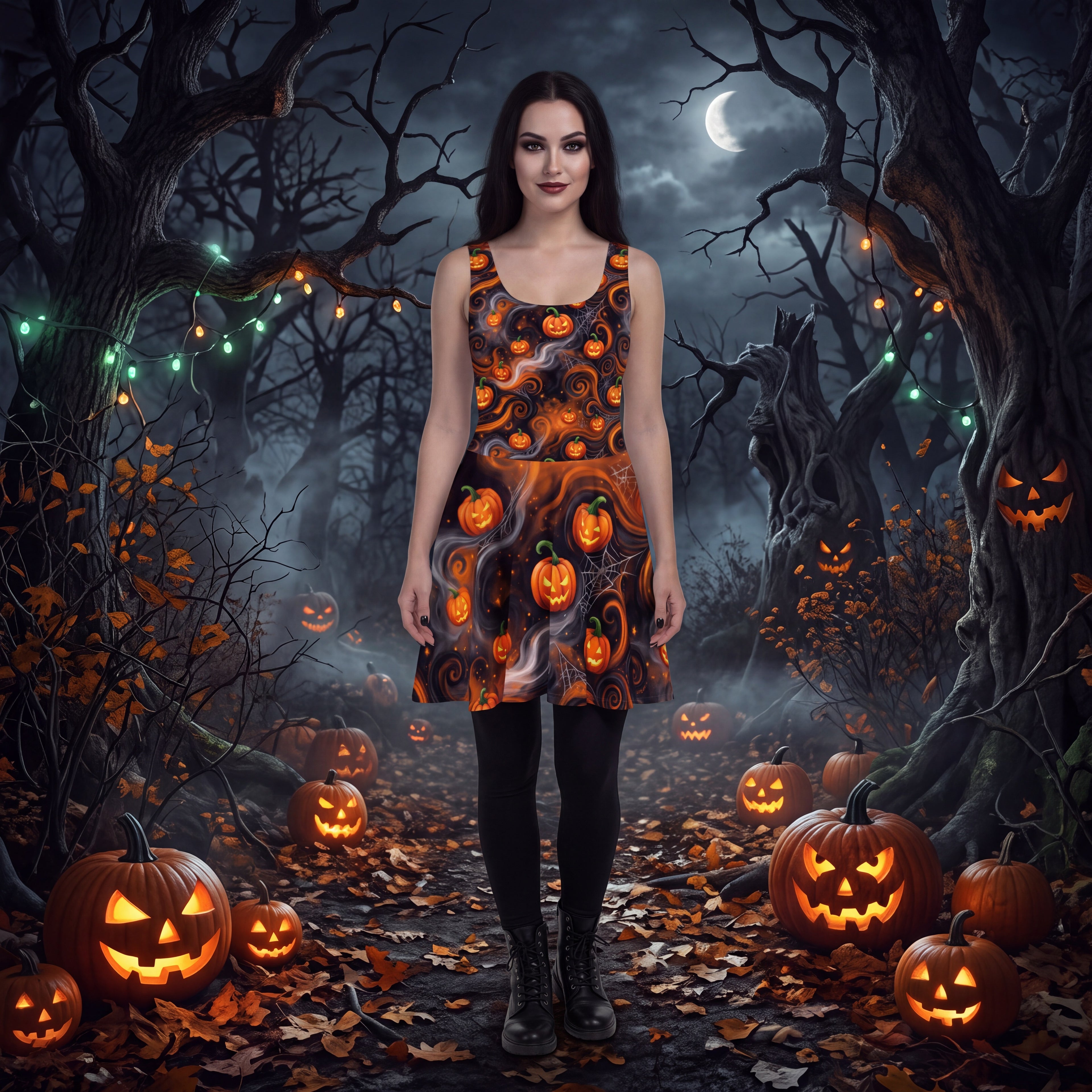 Halloween Pumpkin Skater Dress – Orange & Black Jack-O’-Lantern Print