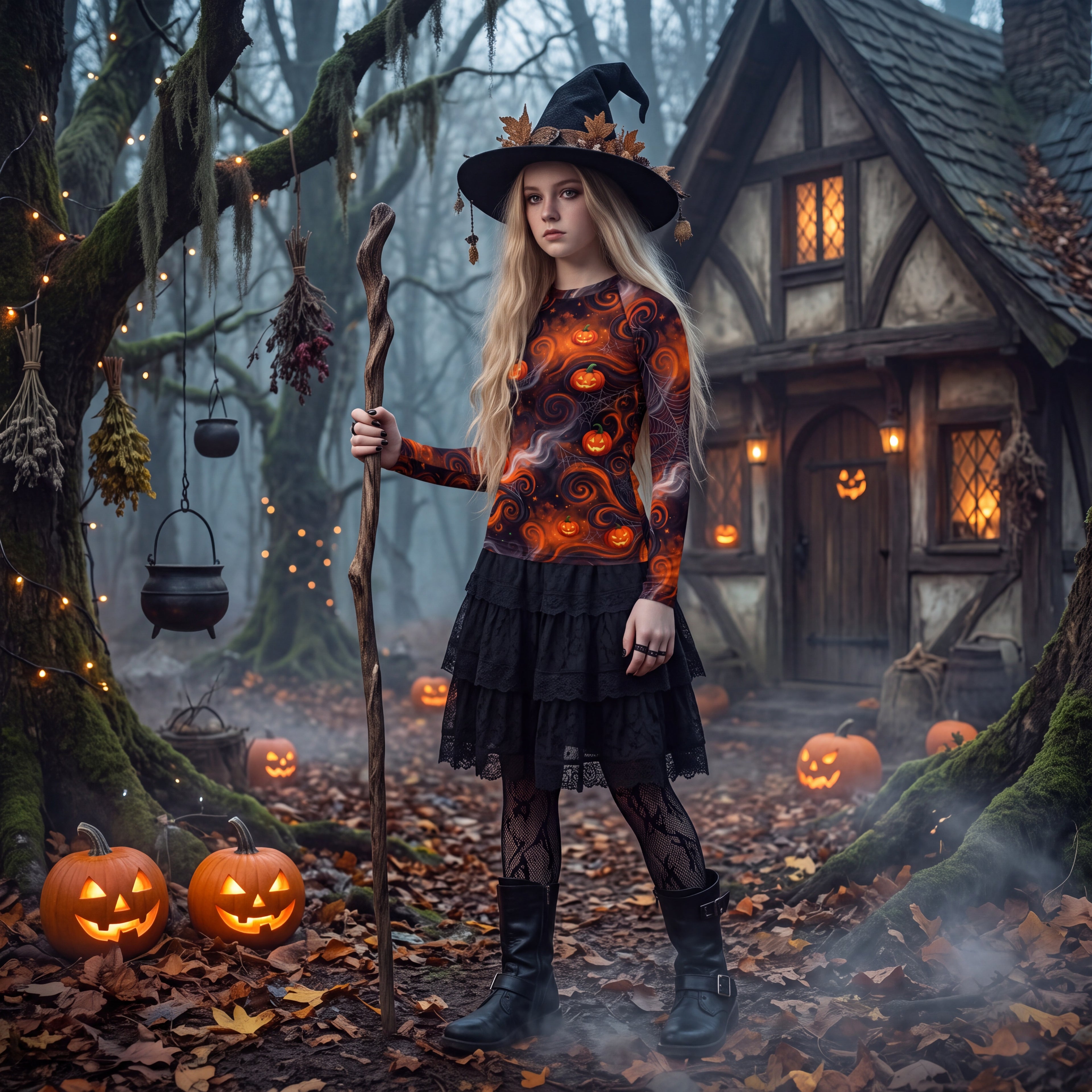 Halloween Pumpkin & Spiderweb Rash Guard – Orange & Black Long Sleeve Swim Shirt