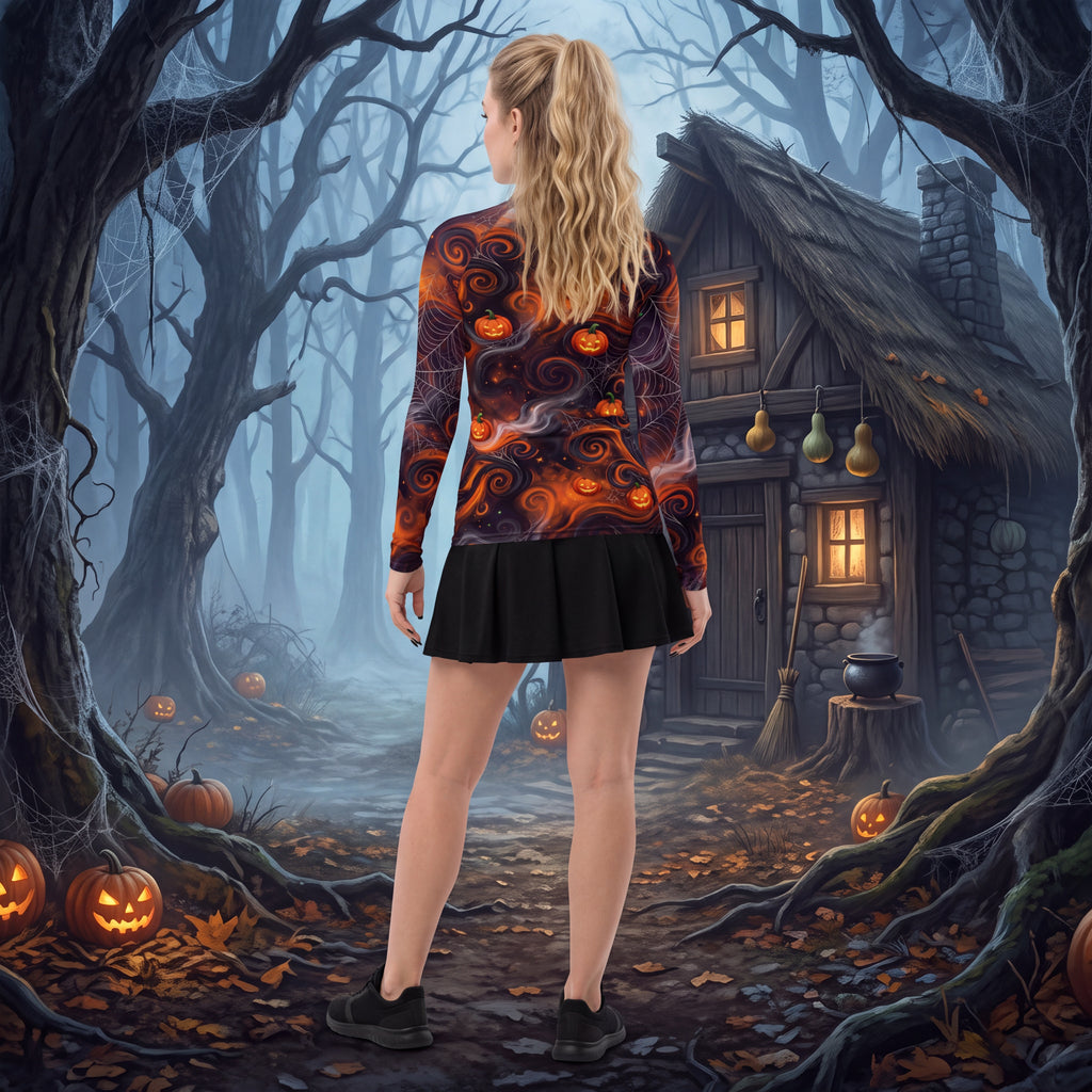 Halloween Pumpkin & Spiderweb Rash Guard – Orange & Black Long Sleeve Swim Shirt