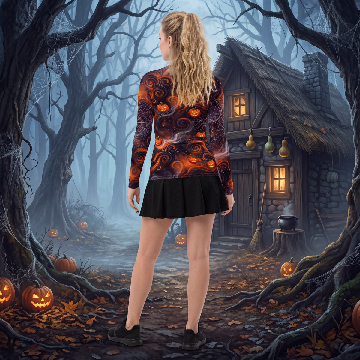 Halloween Pumpkin & Spiderweb Rash Guard – Orange & Black Long Sleeve Swim Shirt