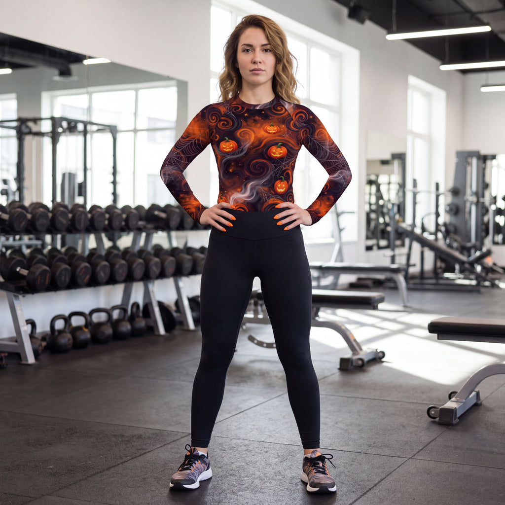 Halloween Pumpkin & Spiderweb Rash Guard – Orange & Black Long Sleeve Swim Shirt