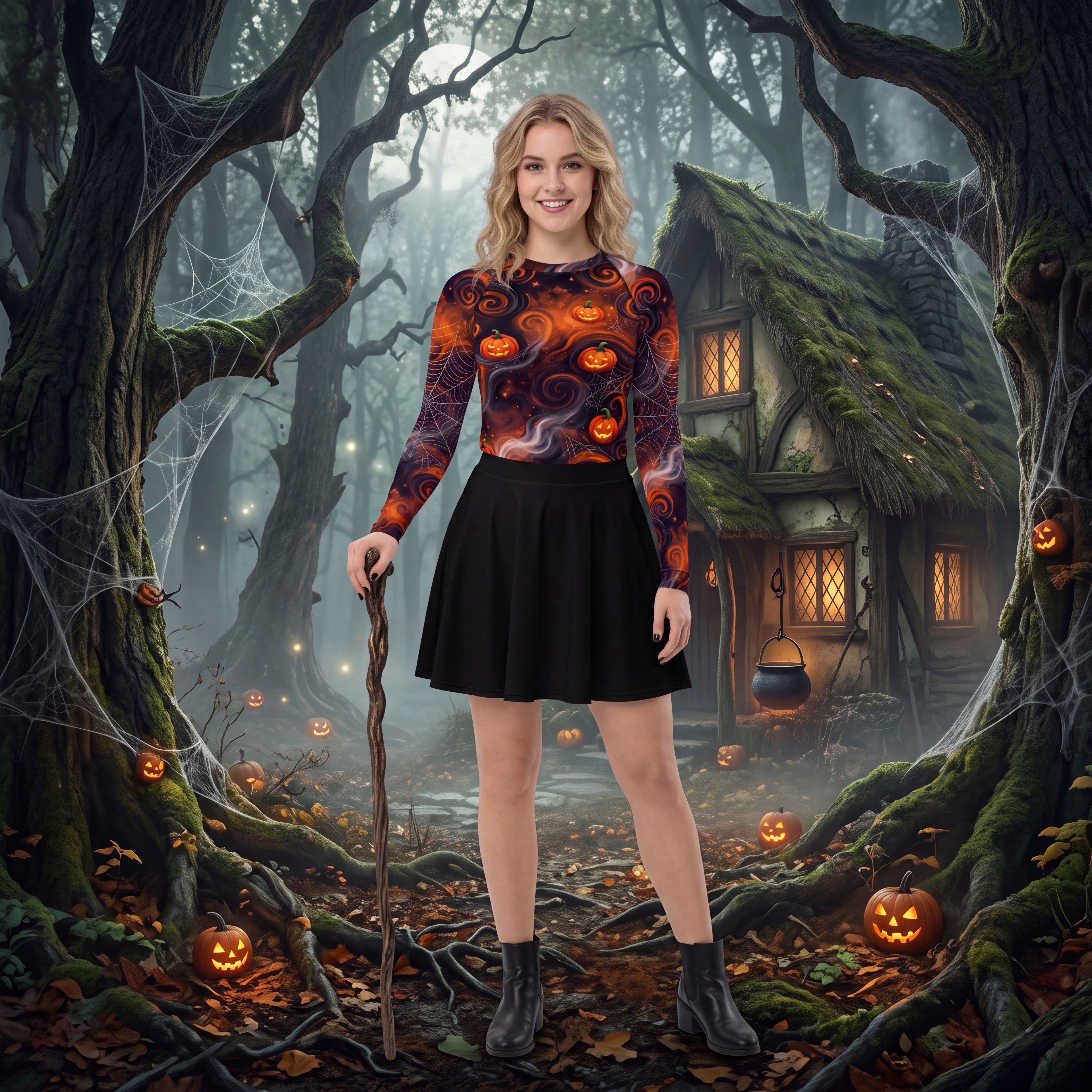 Halloween Pumpkin & Spiderweb Rash Guard – Orange & Black Long Sleeve Swim Shirt