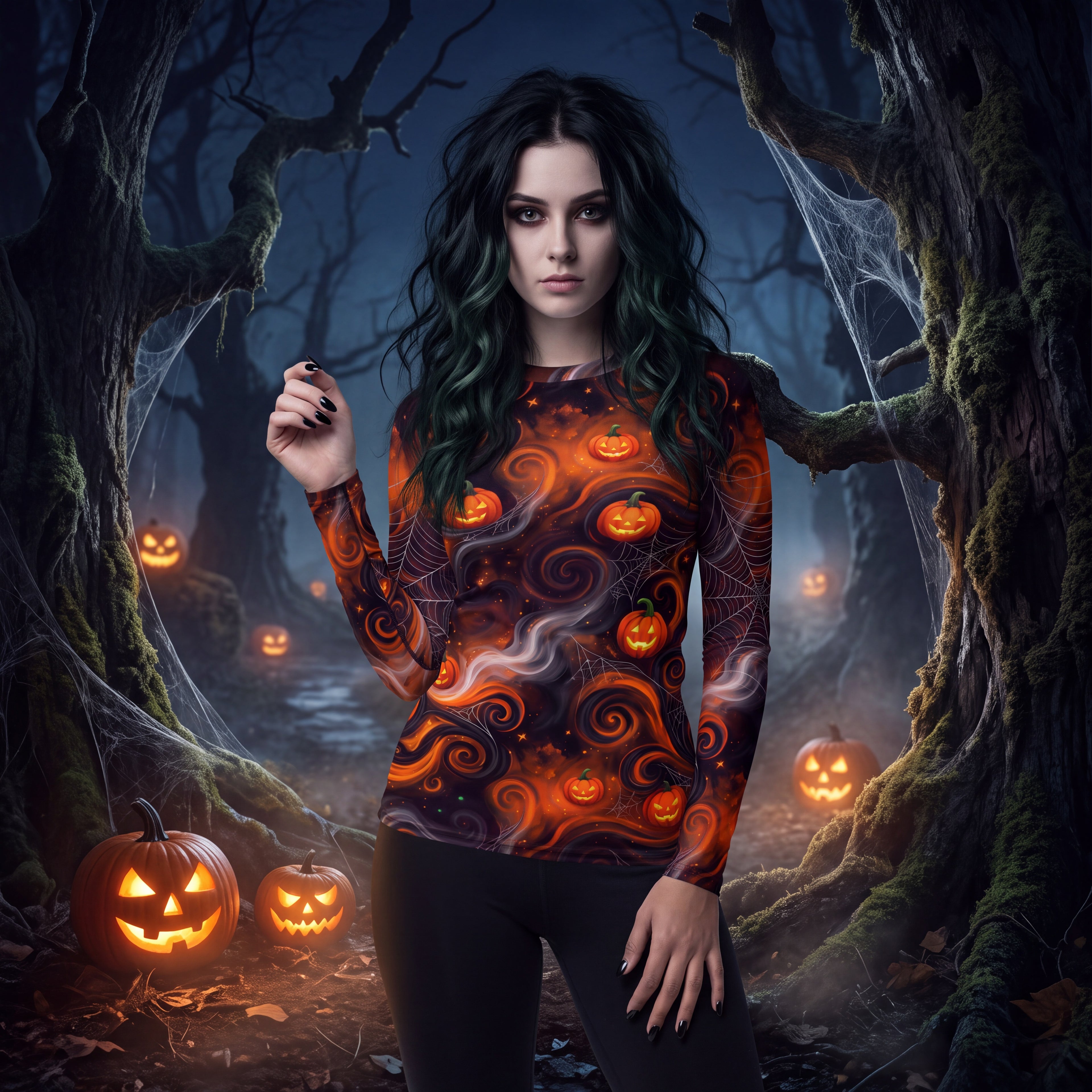 Halloween Pumpkin & Spiderweb Rash Guard – Orange & Black Long Sleeve Swim Shirt
