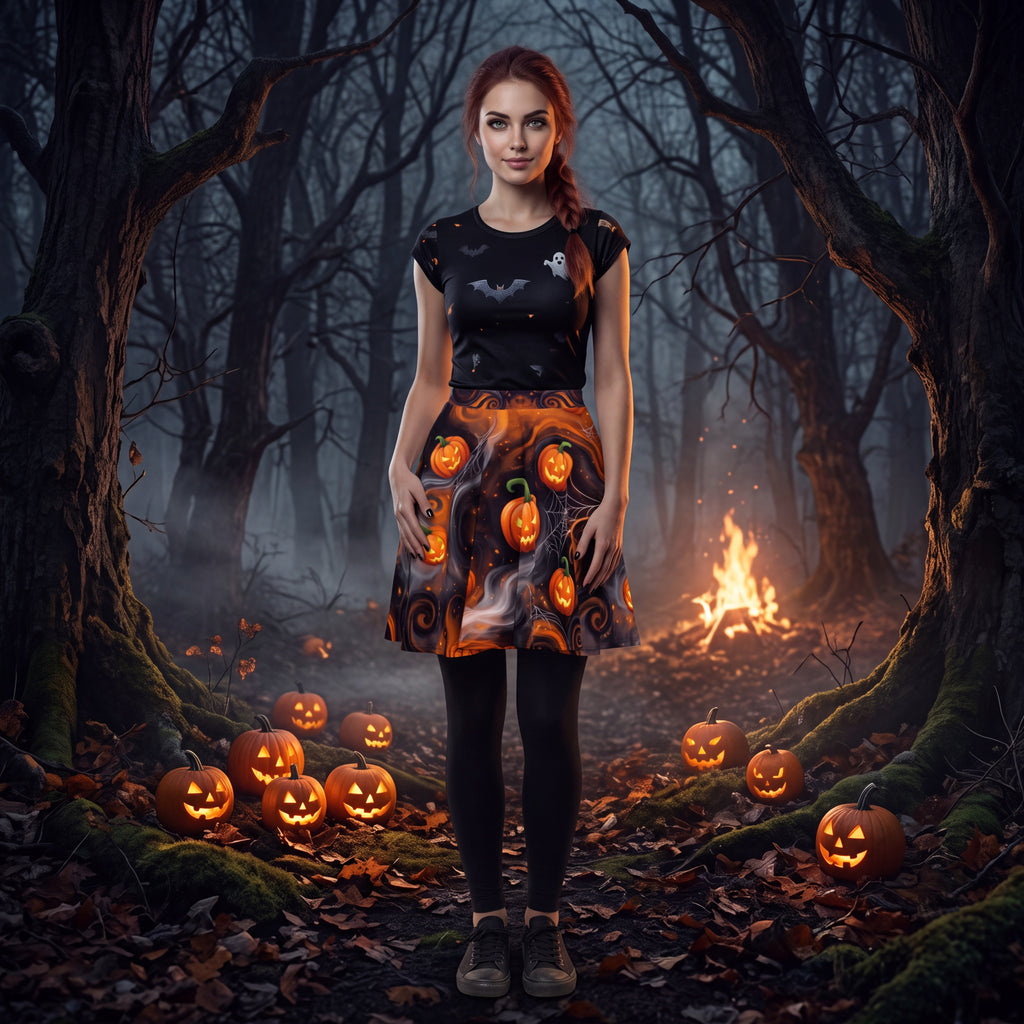 Halloween Pumpkin Skater Skirt – Orange & Black Jack-O’-Lantern Print