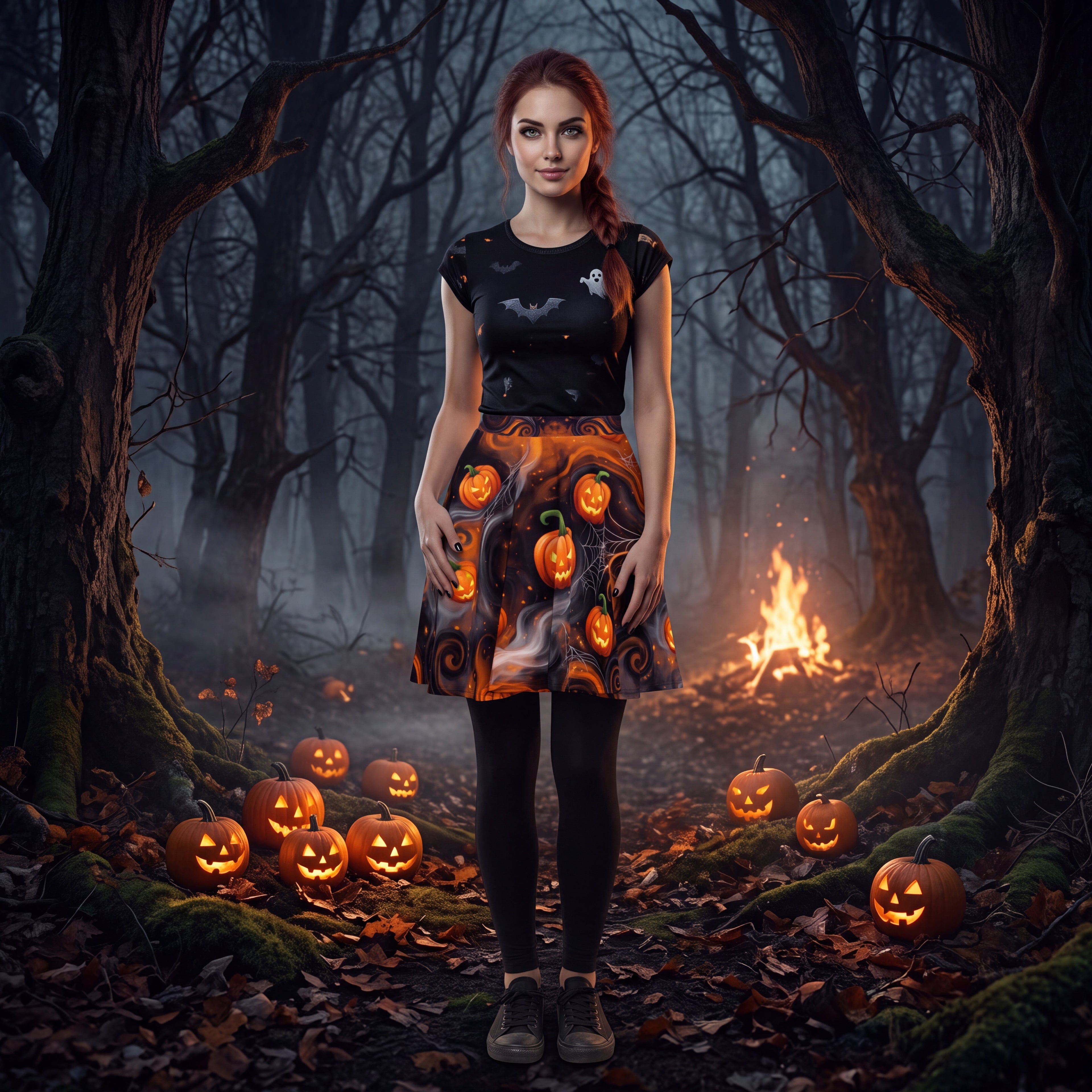 Halloween Pumpkin Skater Skirt – Orange & Black Jack-O’-Lantern Print