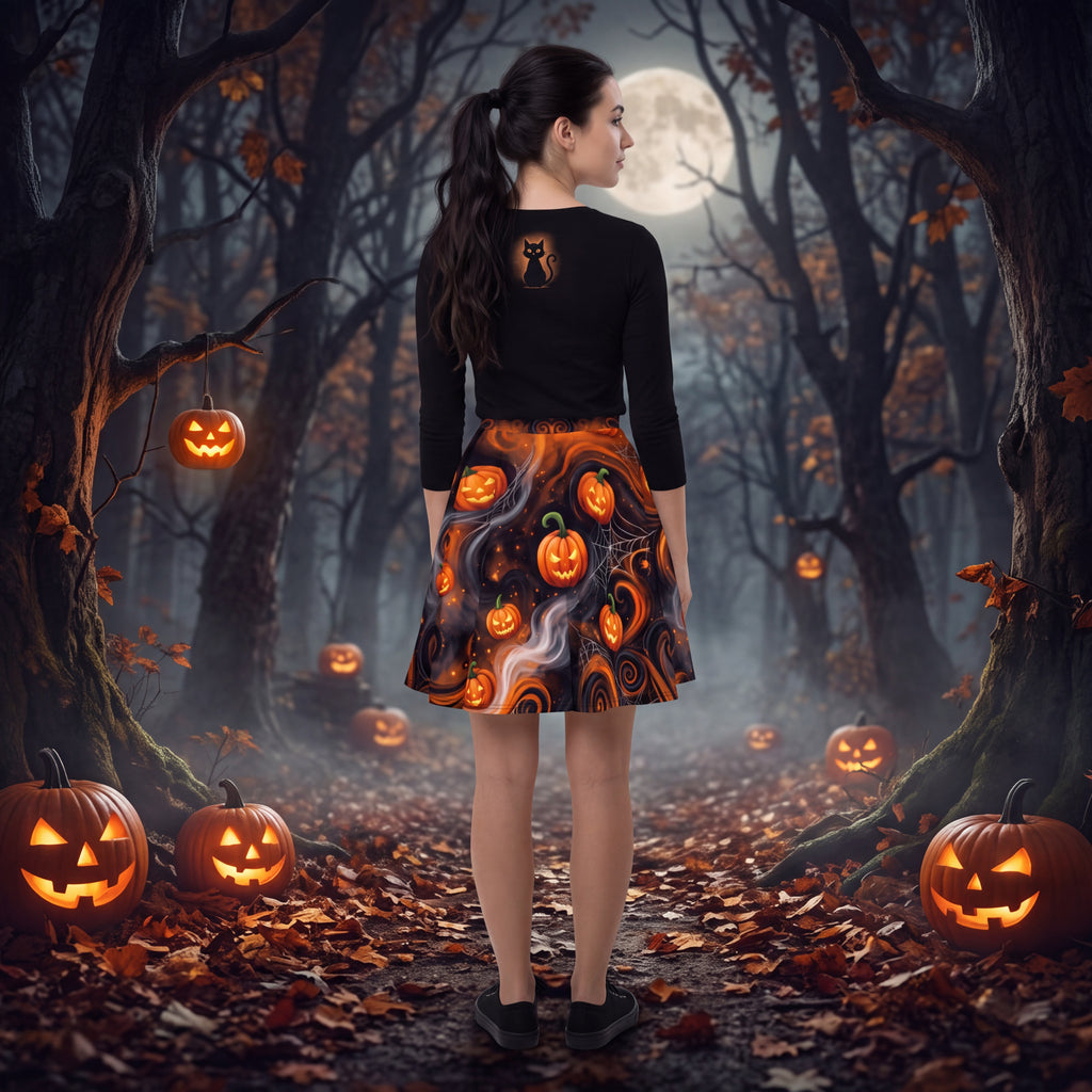 Halloween Pumpkin Skater Skirt – Orange & Black Jack-O’-Lantern Print