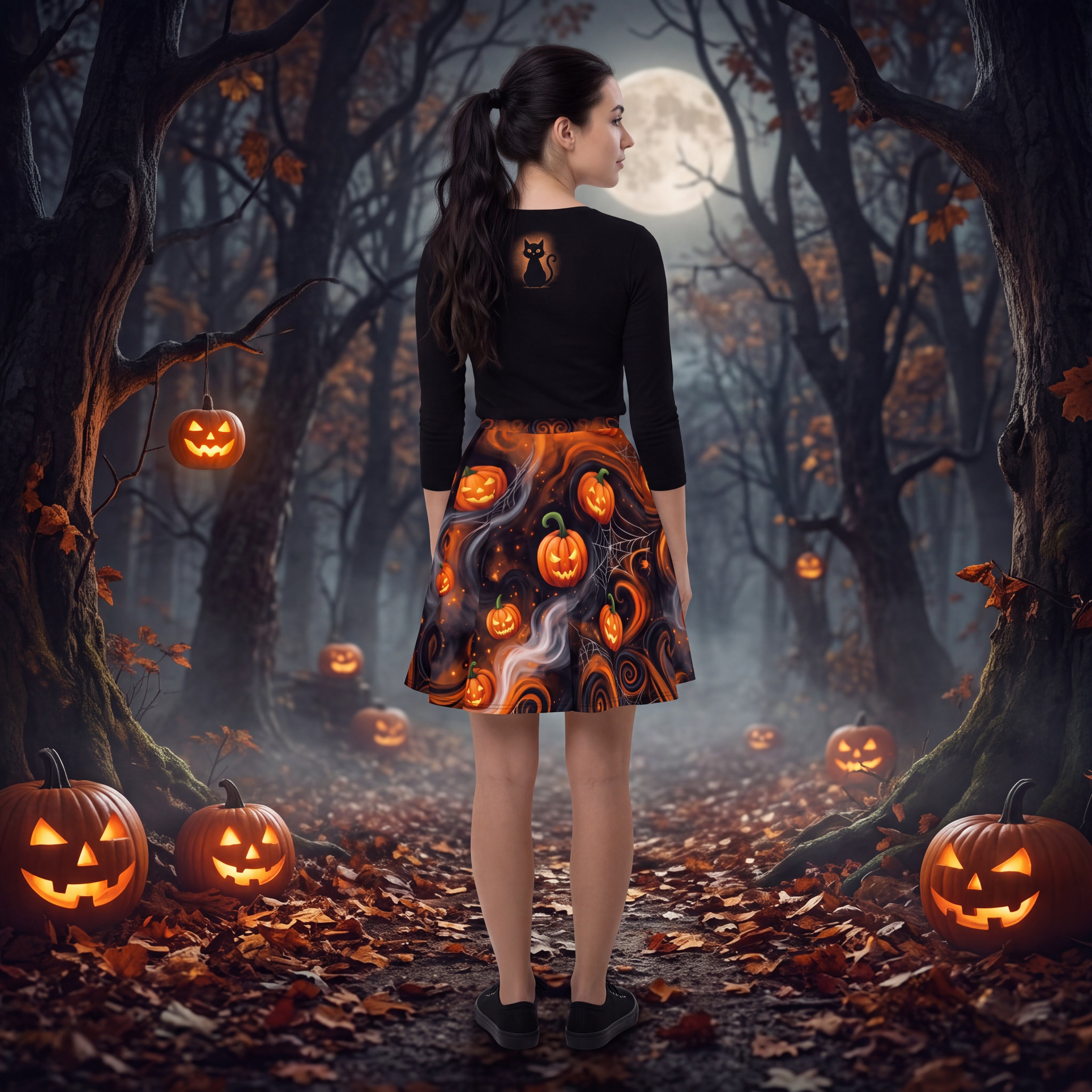 Halloween Pumpkin Skater Skirt – Orange & Black Jack-O’-Lantern Print