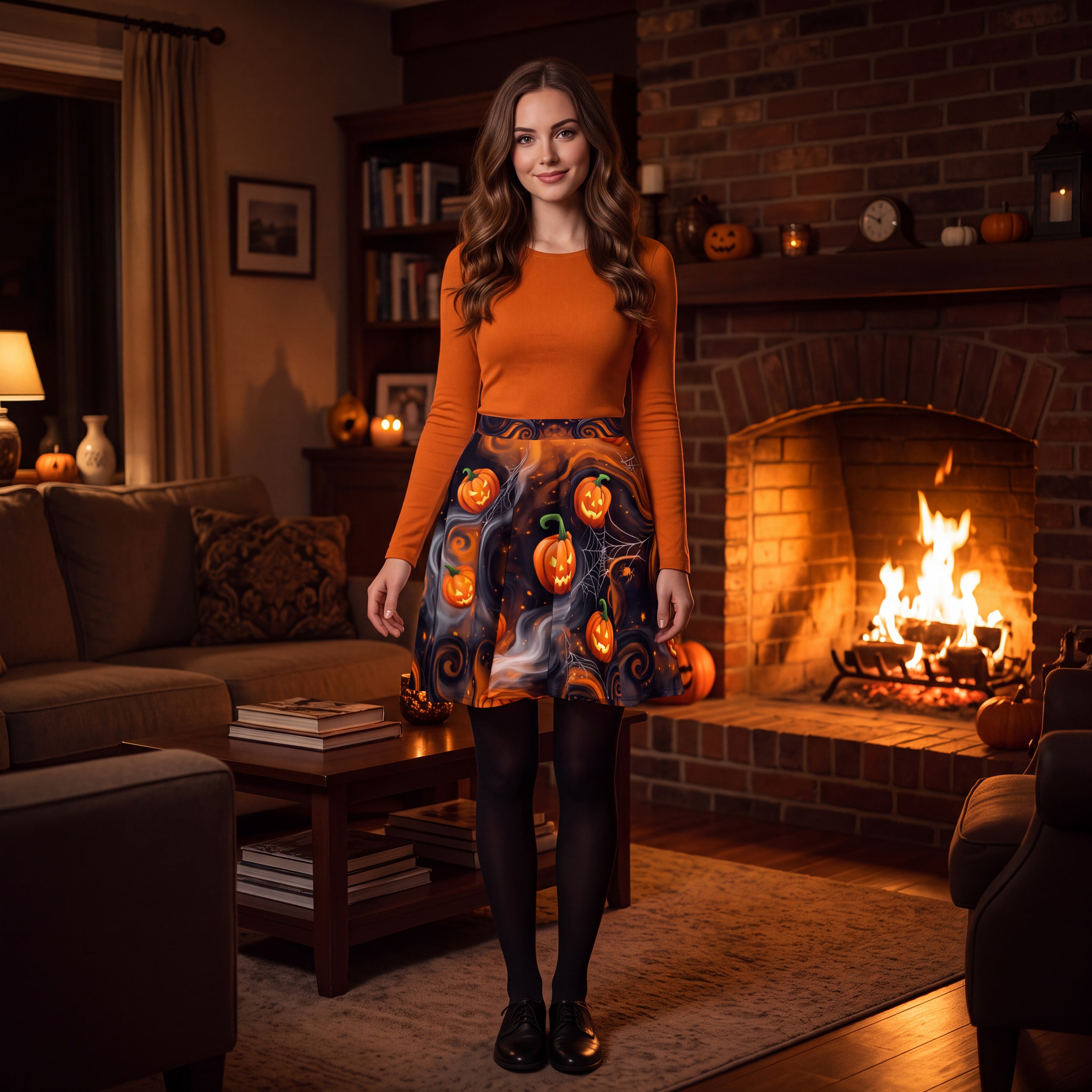 Halloween Pumpkin Skater Skirt – Orange & Black Jack-O’-Lantern Print