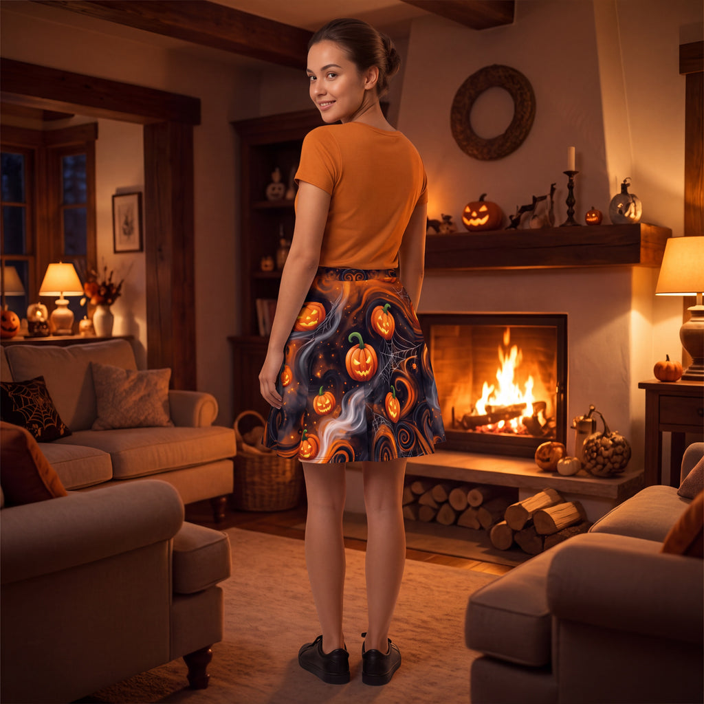Halloween Pumpkin Skater Skirt – Orange & Black Jack-O’-Lantern Print