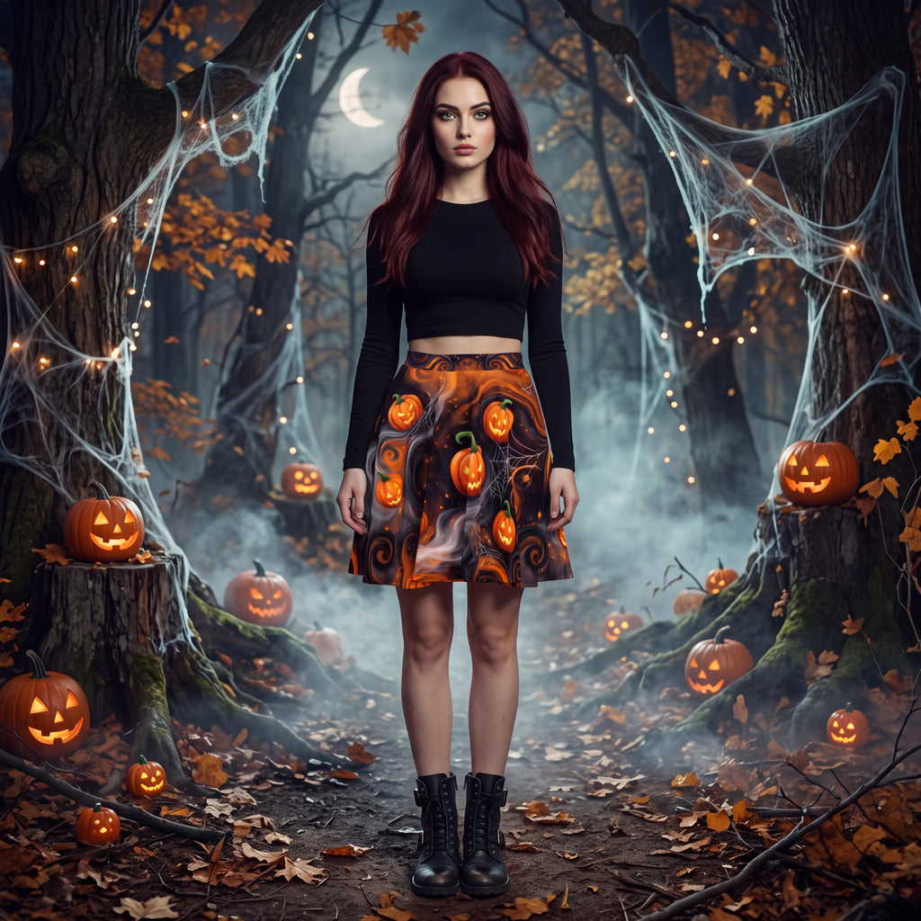 Halloween Pumpkin Skater Skirt – Orange & Black Jack-O’-Lantern Print