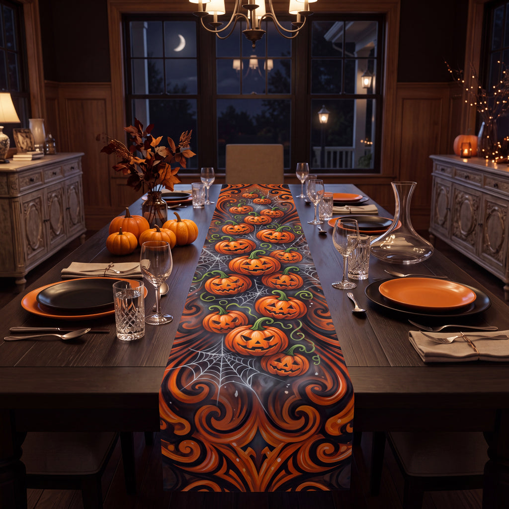 Halloween Pumpkin Table Runner – Orange & Black Jack-O’-Lantern Decor