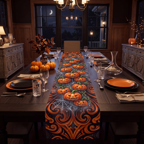 SUBLIMATION Halloween Pumpkin Table Runner – Orange & Black Jack-O’-Lantern Decor