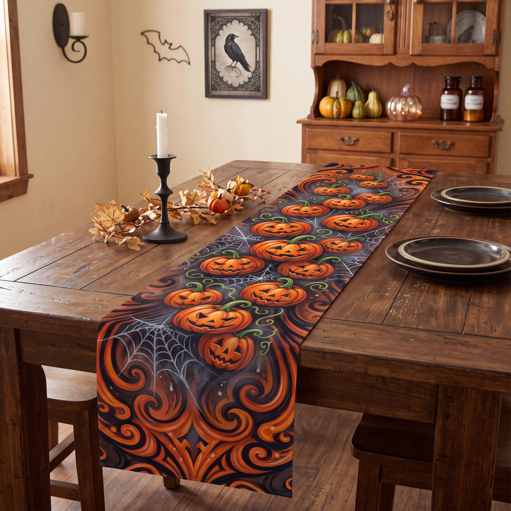 Halloween Pumpkin Table Runner – Orange & Black Jack-O’-Lantern Decor