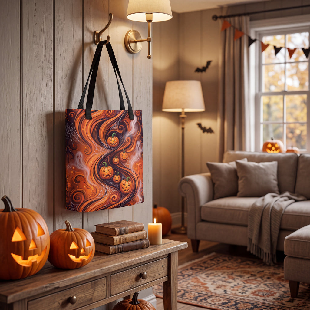 Halloween Pumpkin & Ghost Tote Bag – Orange Black Spooky Swirl Bag