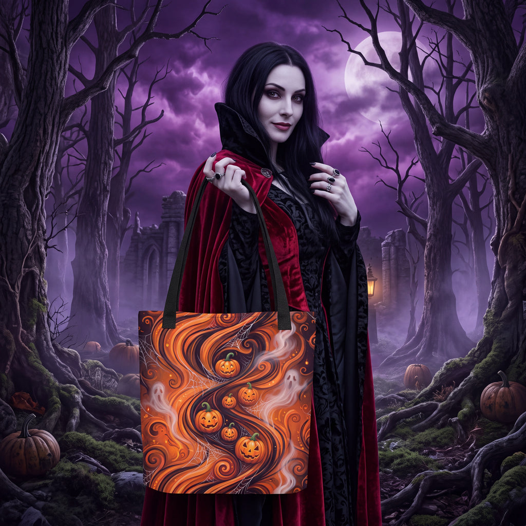 Halloween Pumpkin & Ghost Tote Bag – Orange Black Spooky Swirl Bag