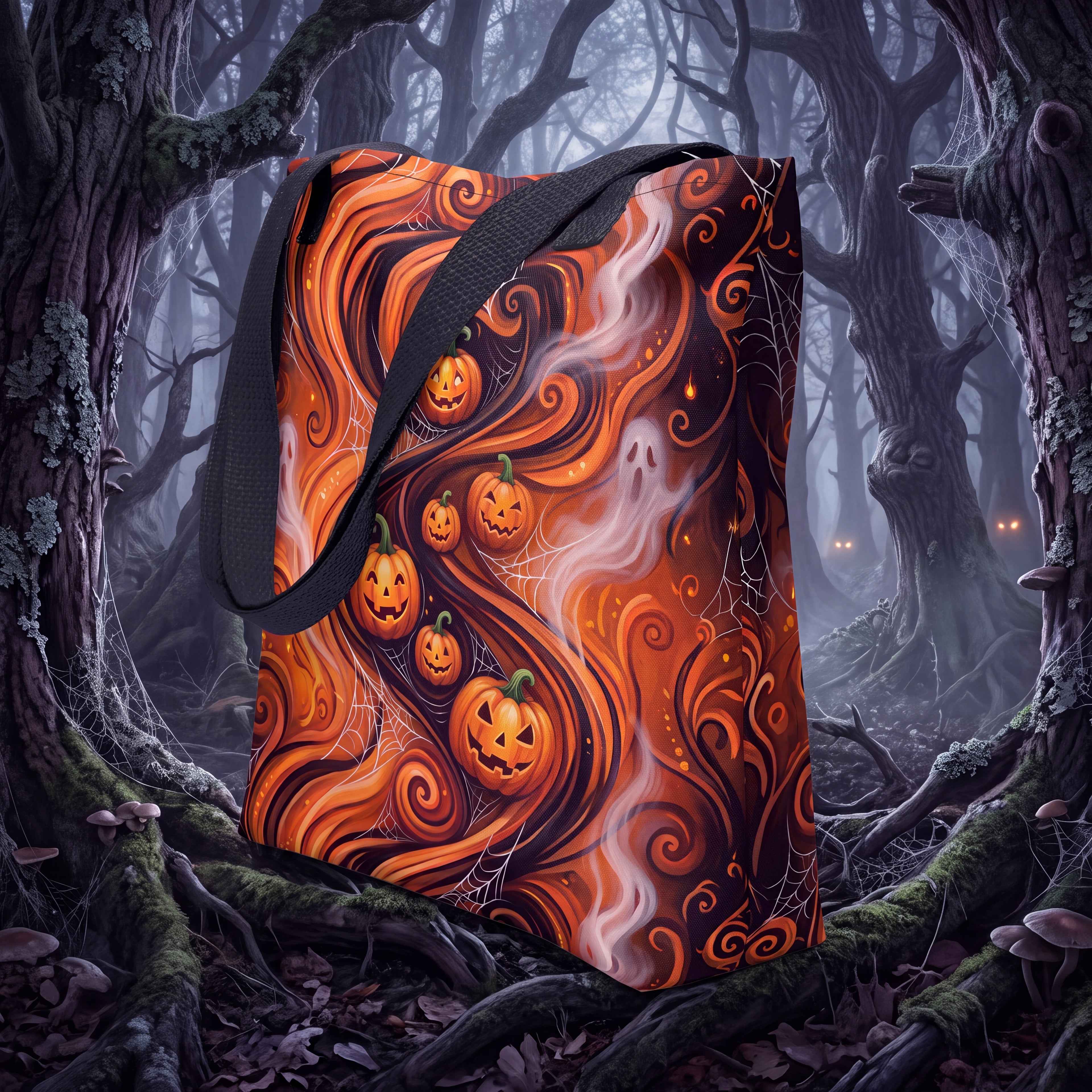 Halloween Pumpkin & Ghost Tote Bag – Orange Black Spooky Swirl Bag