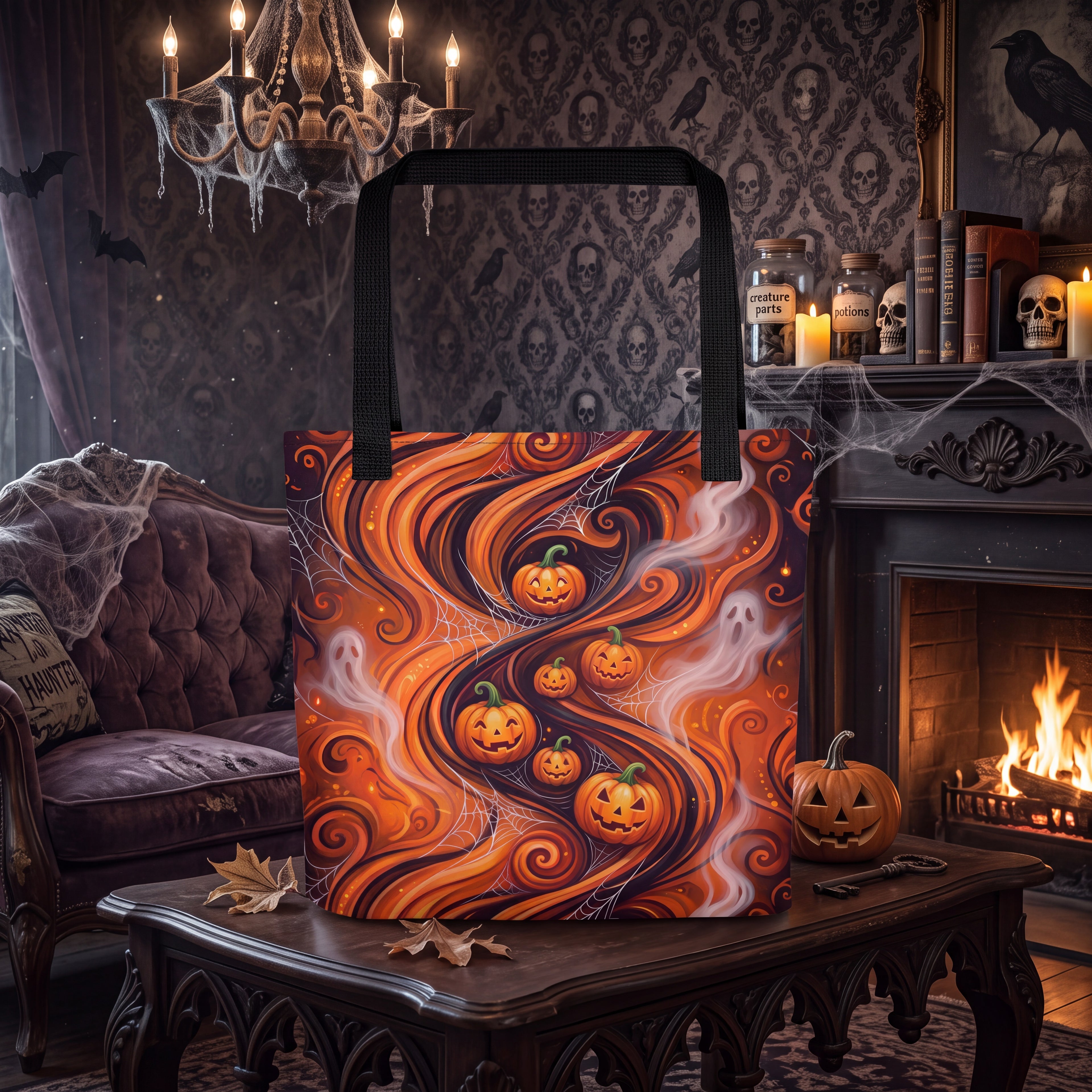 Halloween Pumpkin & Ghost Tote Bag – Orange Black Spooky Swirl Bag