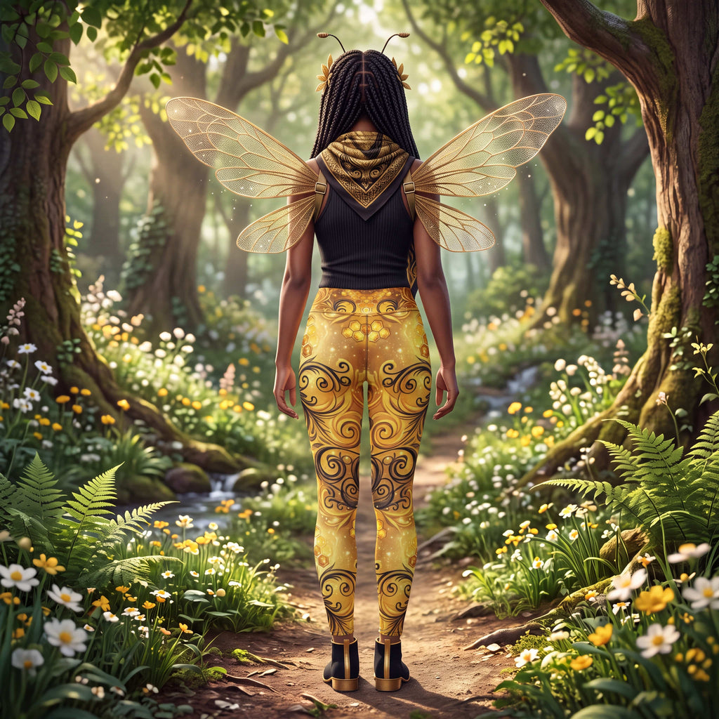 CUT-SEW Gold Honeycomb Leggings – Black Swirl Bee-Inspired High Waisted Yoga Pant