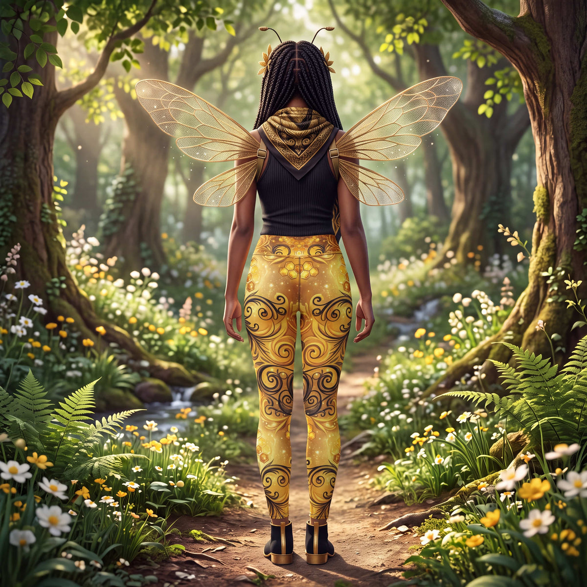 CUT-SEW Gold Honeycomb Leggings – Black Swirl Bee-Inspired High Waisted Yoga Pant